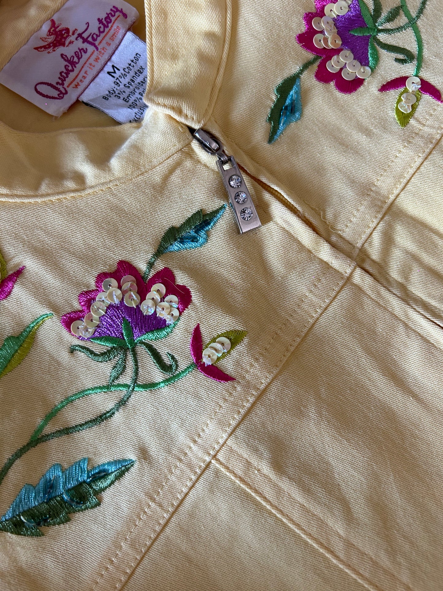 Quacker Factory Vintage Embroidered and Beaded Denim Shaket With Front Zip