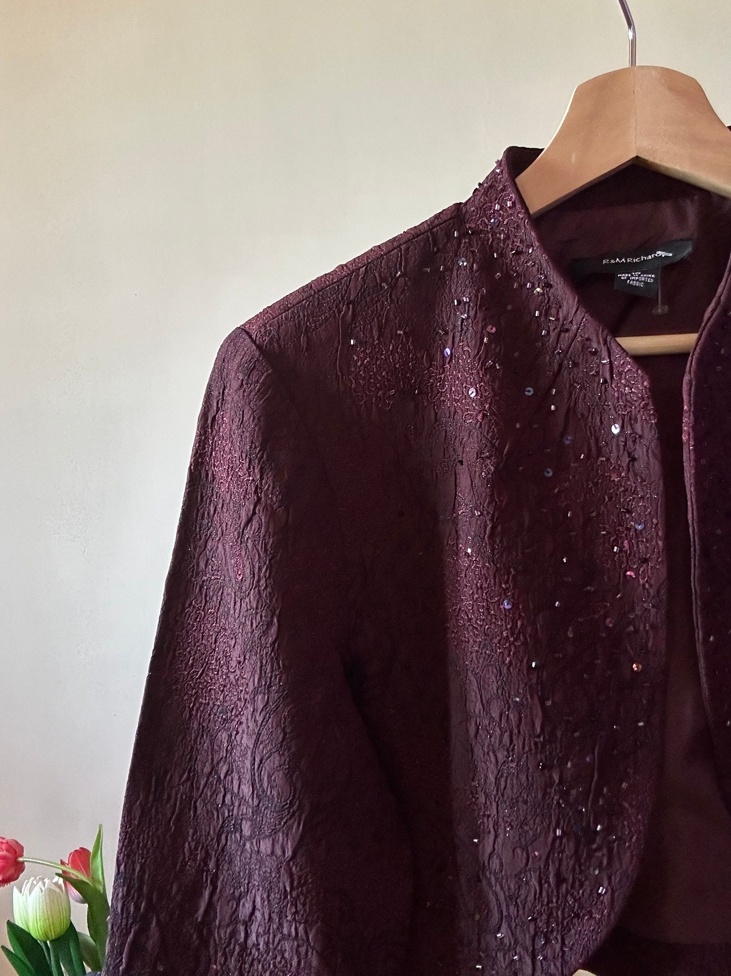 R&M Richards Vintage Cropped Front Open Beaded Textured Jacket