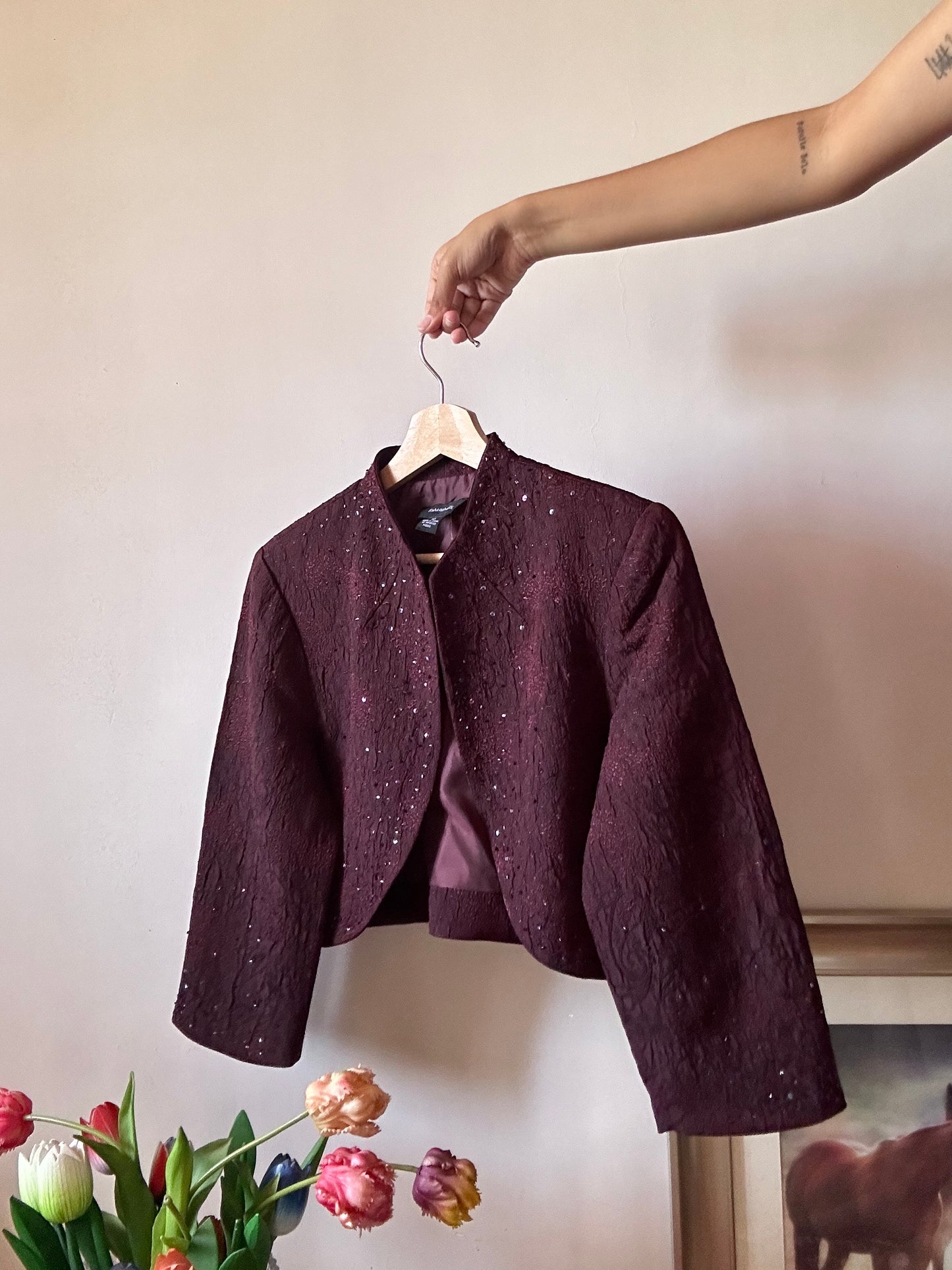 R&M Richards Vintage Cropped Front Open Beaded Textured Jacket
