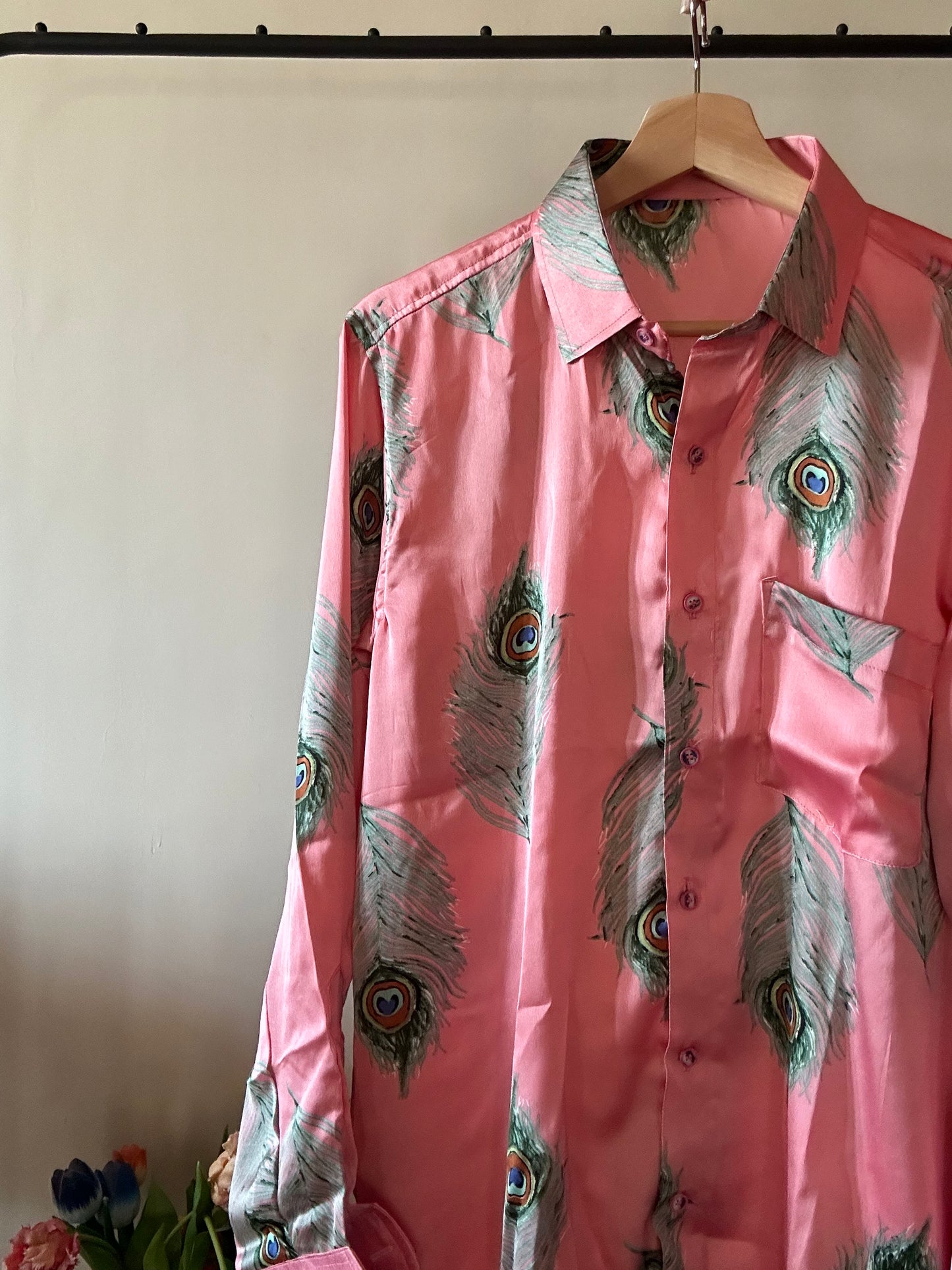 Peacock Feather Print Satin Shirt
