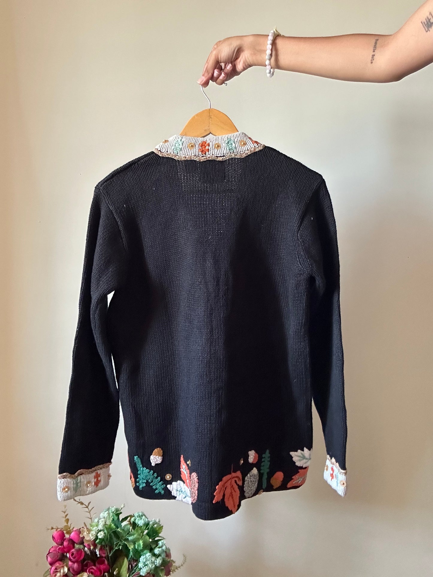 Vintage Handknits By Storybook Knits Squirrel Maple Embroidered and Beaded Cardigan