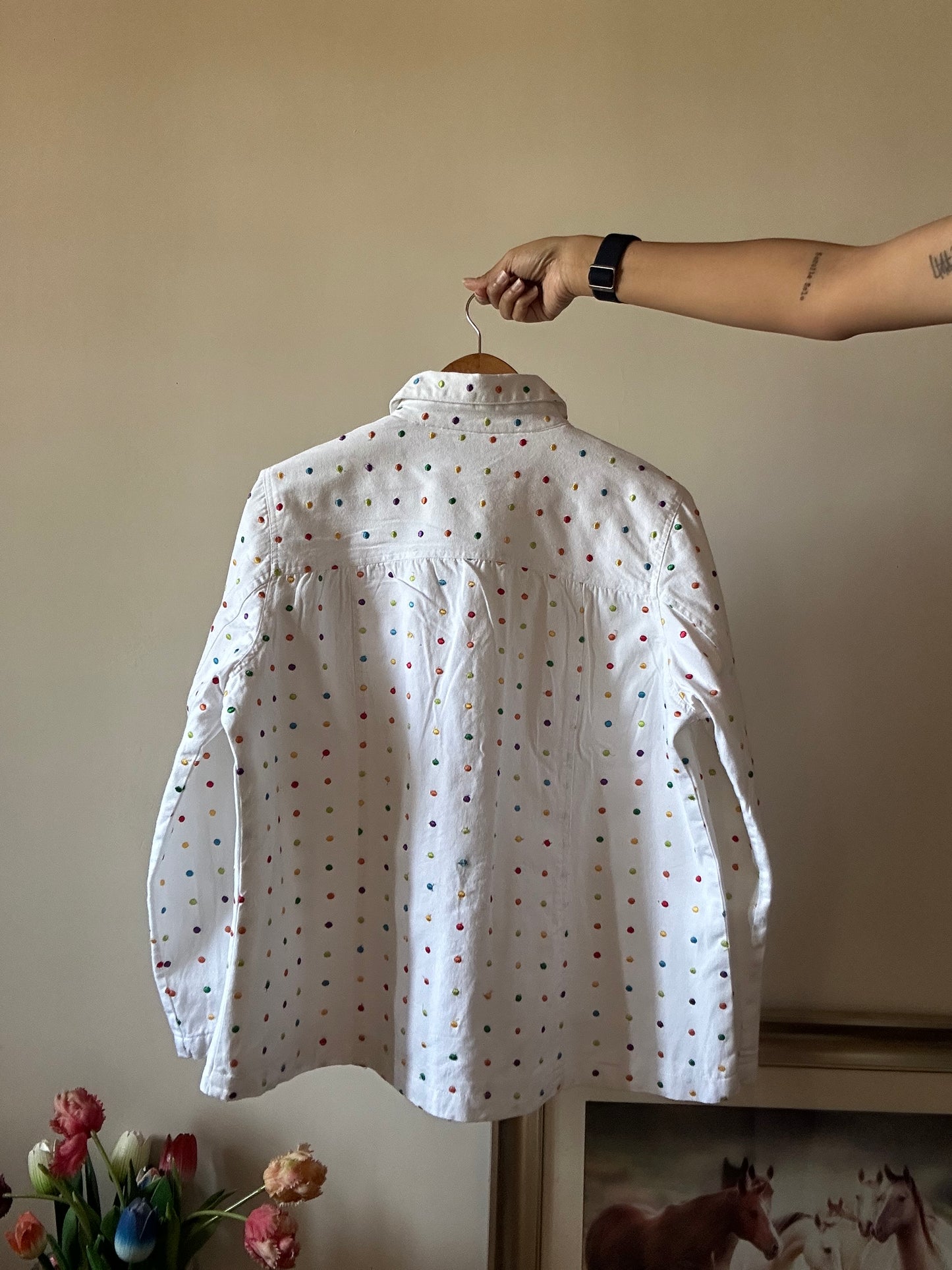 Keren Hart Vintage Denim All Over Colourful Polka Dots Embroidered Shaket