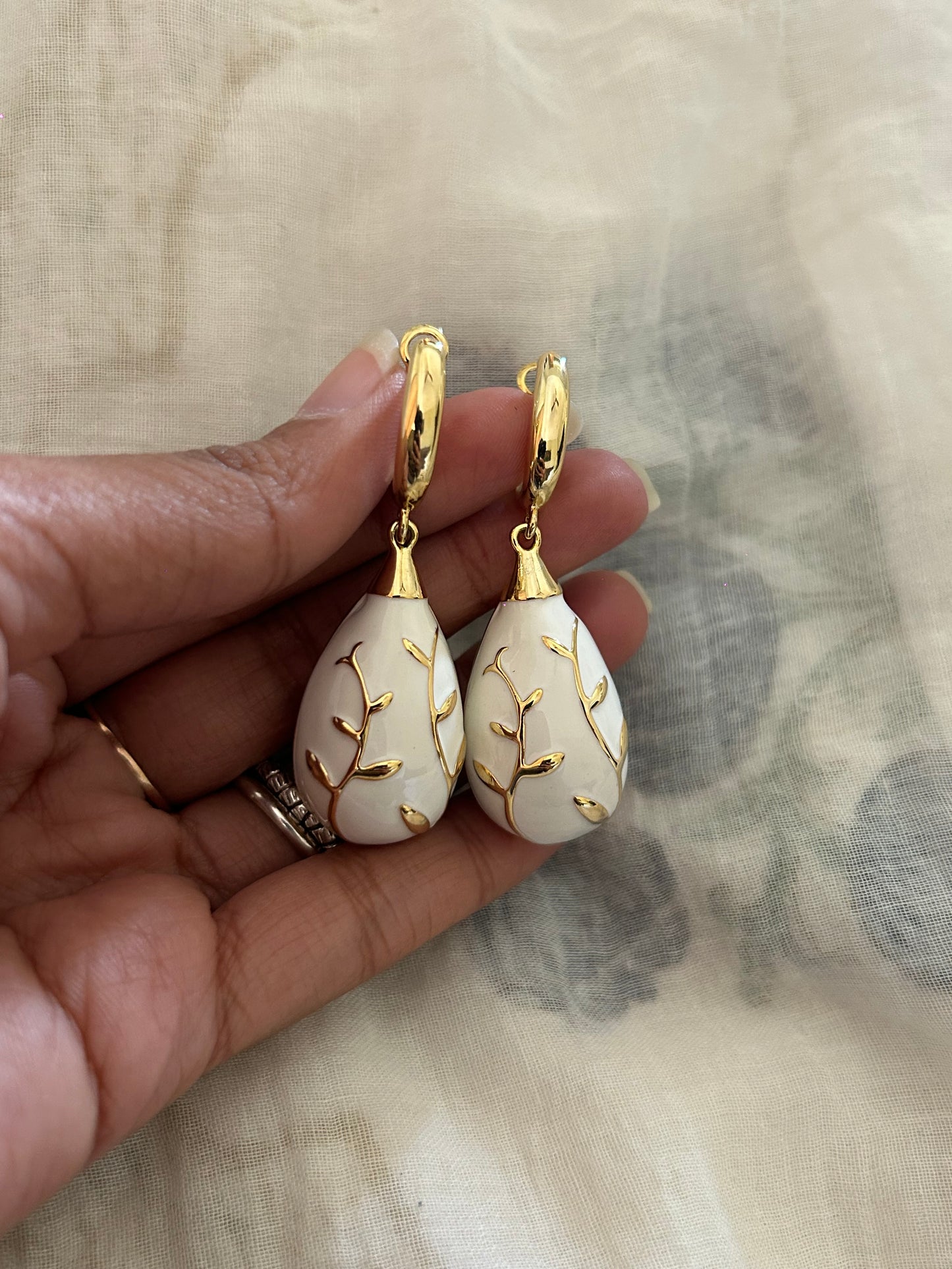 Leaf White Drop Earrings