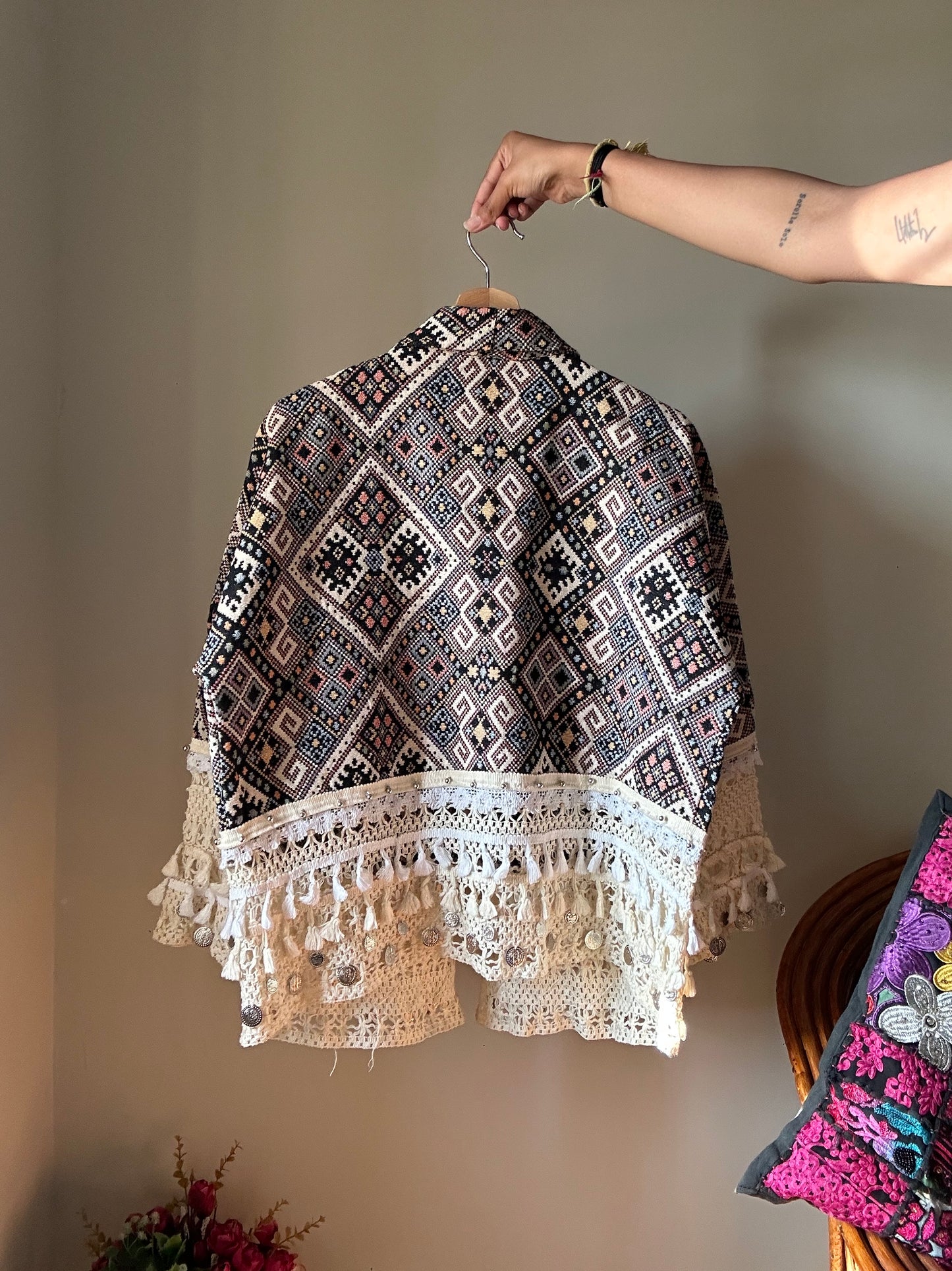 Vintage Weaved Cardigan With Tassels and Coins