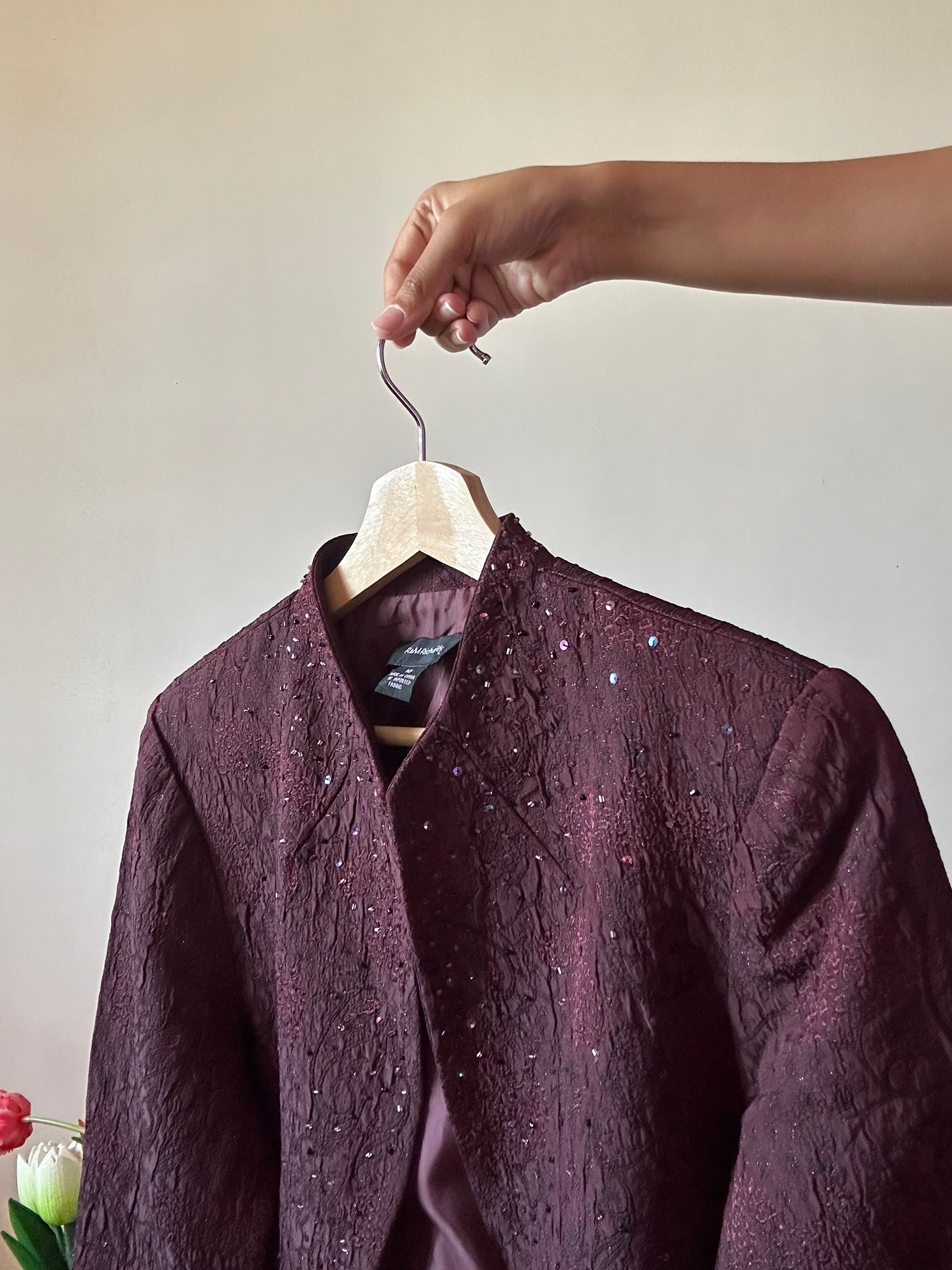 R&M Richards Vintage Cropped Front Open Beaded Textured Jacket