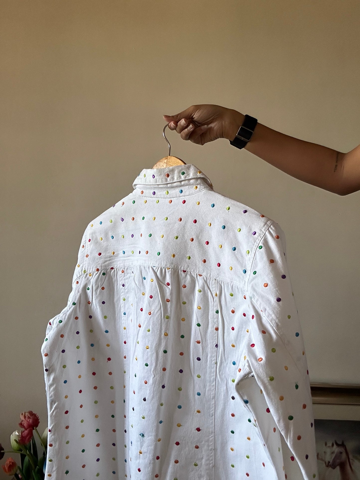 Keren Hart Vintage Denim All Over Colourful Polka Dots Embroidered Shaket