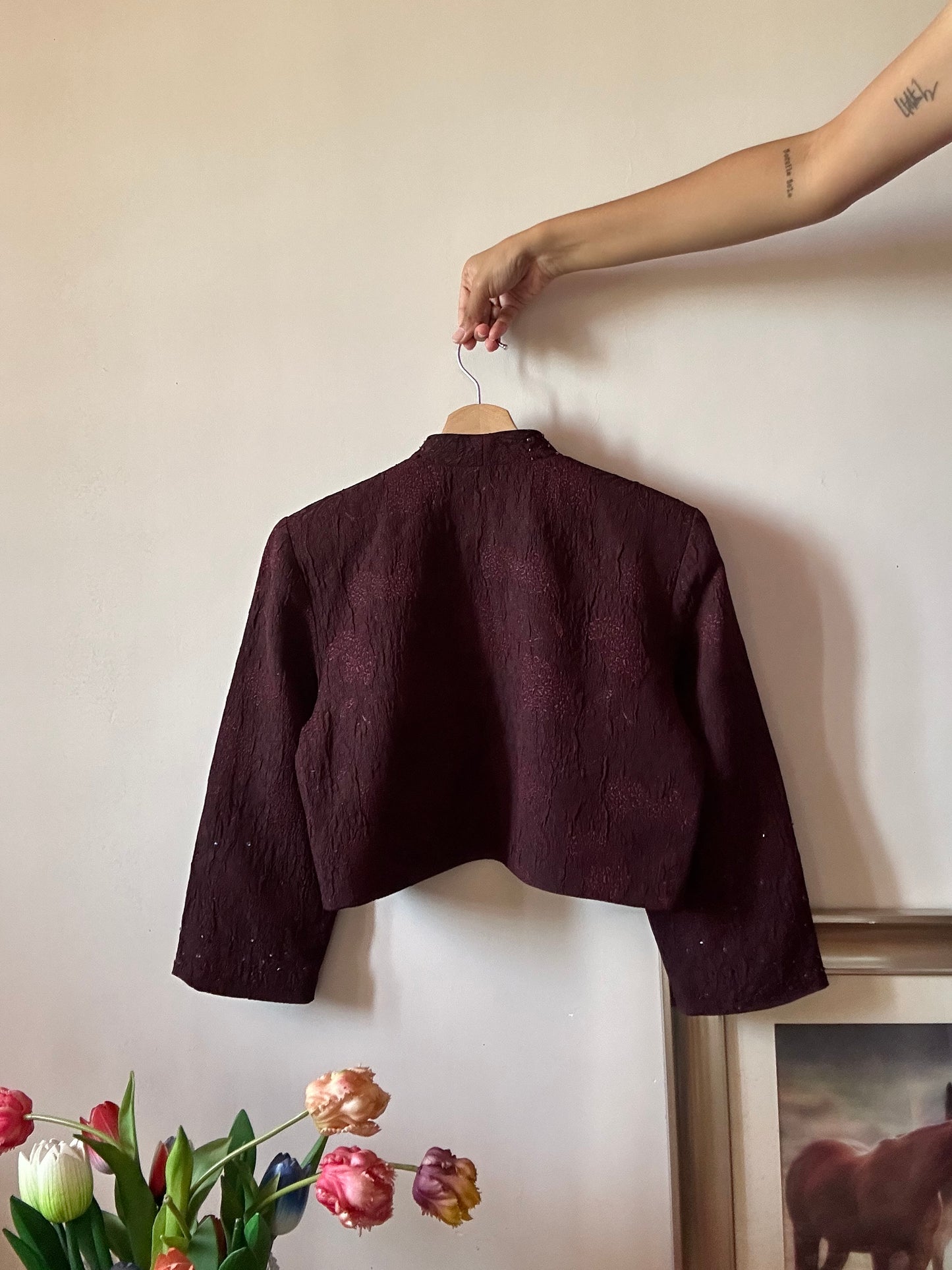 R&M Richards Vintage Cropped Front Open Beaded Textured Jacket