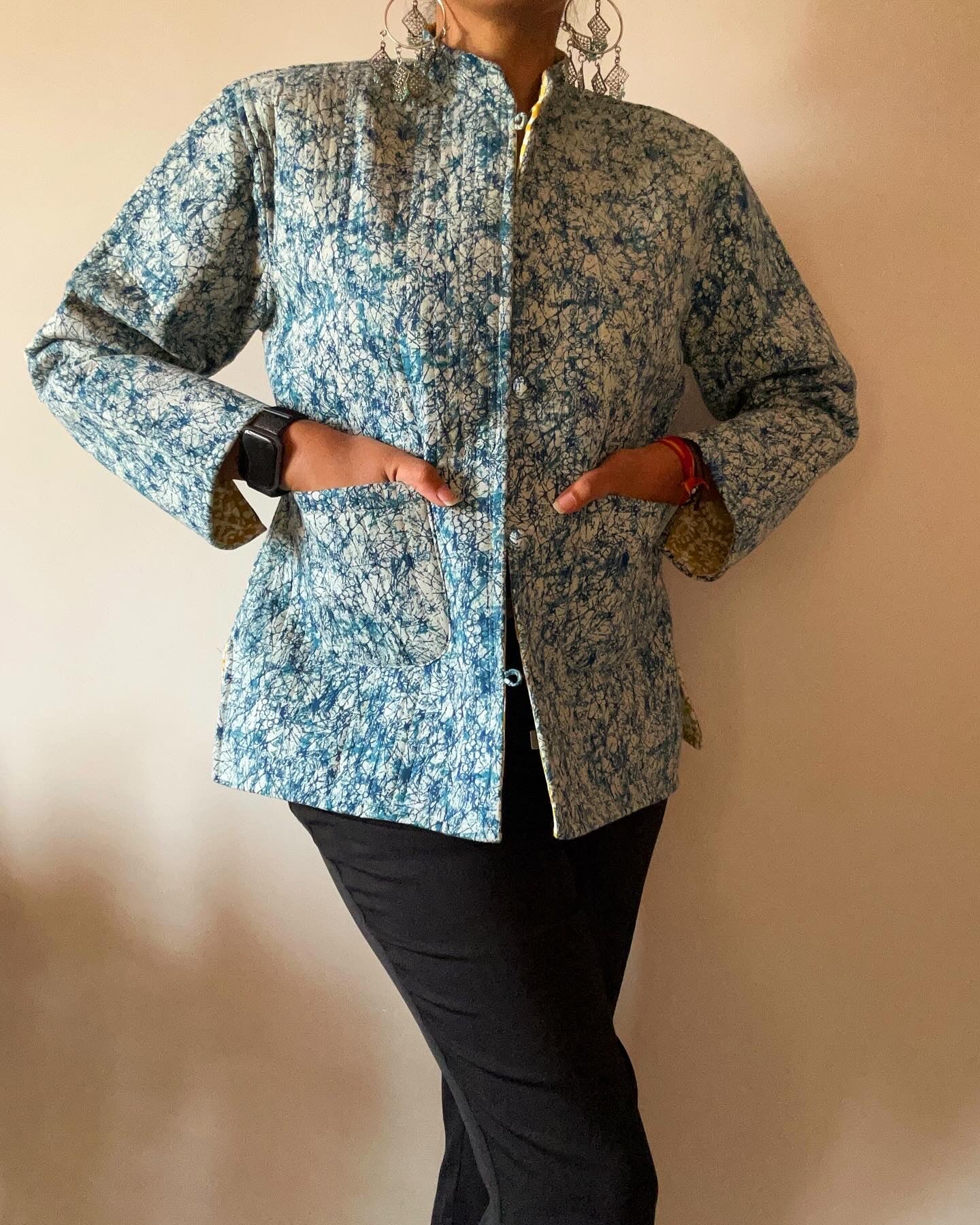 Blue Block Print Reversible Cotton Quilted Jacket