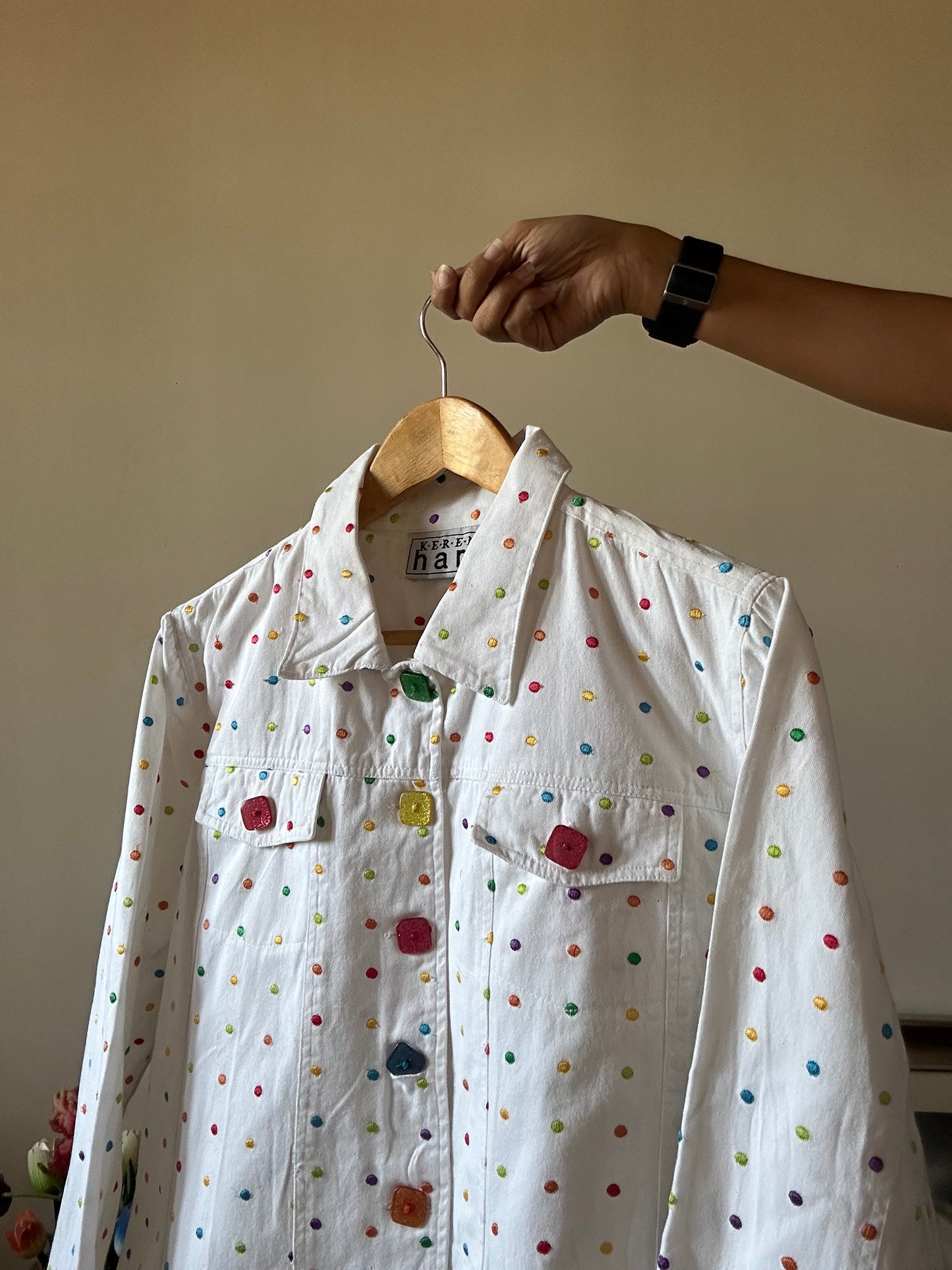 Keren Hart Vintage Denim All Over Colourful Polka Dots Embroidered Shaket