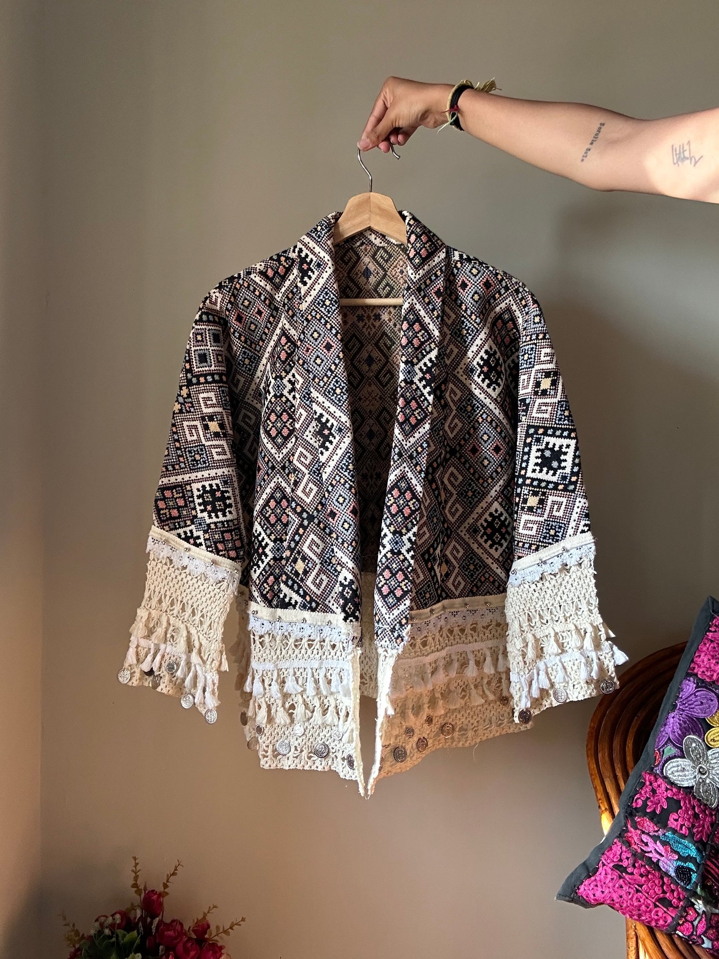 Vintage Weaved Cardigan With Tassels and Coins