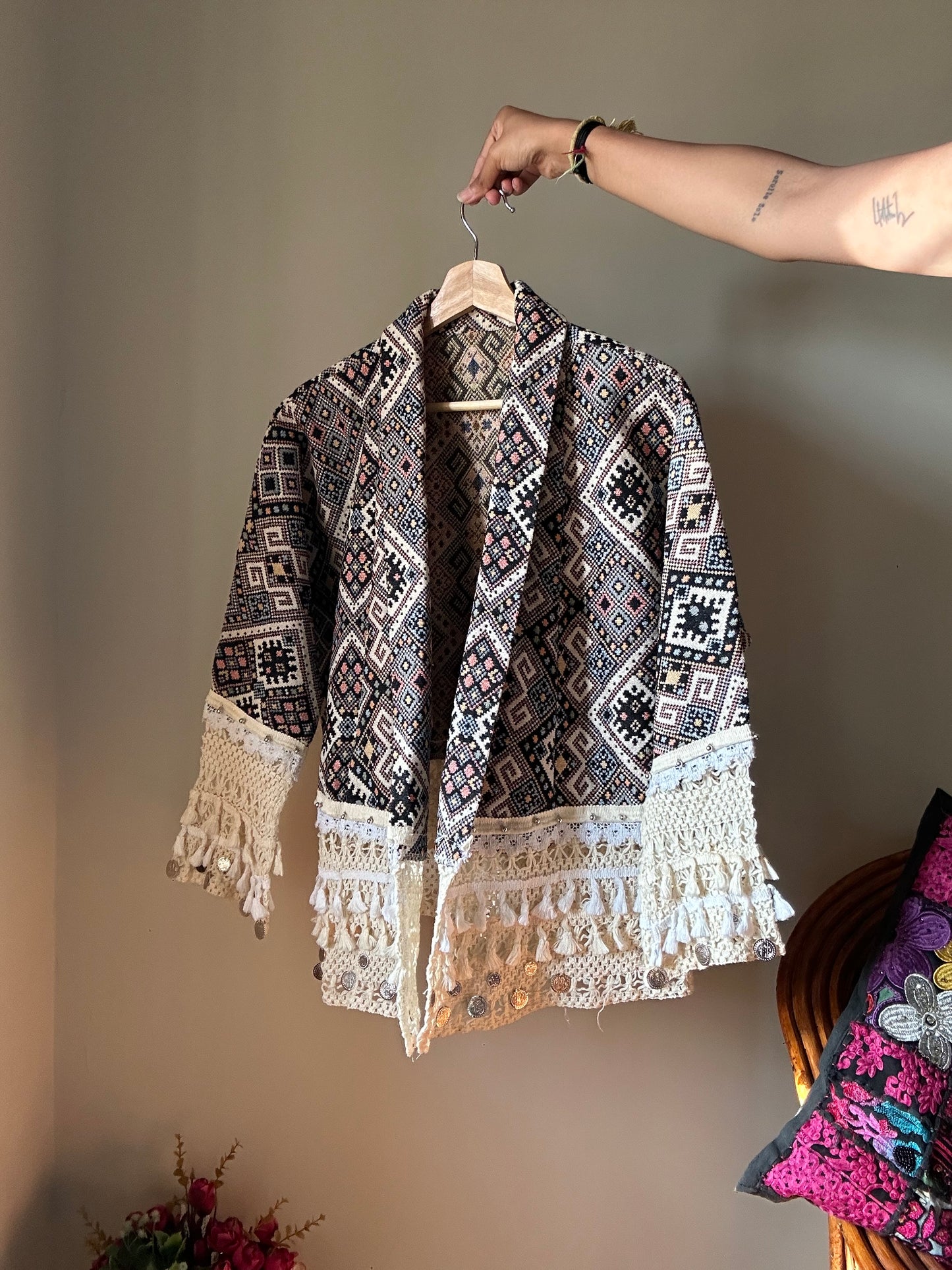 Vintage Weaved Cardigan With Tassels and Coins