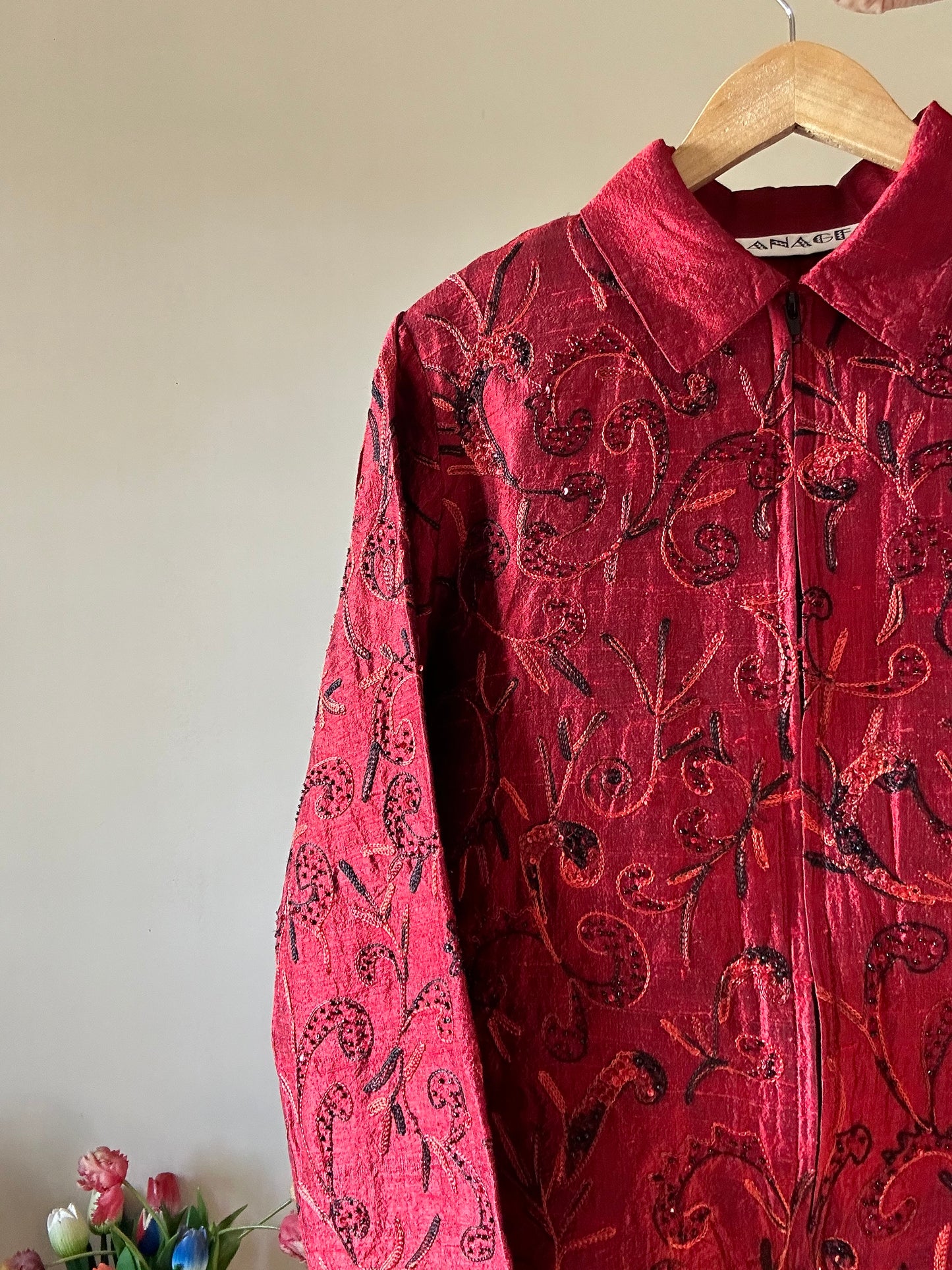 Anage Vintage Silk All Over Thread And Bead Embroidery Shaket With Front Zipper Opening