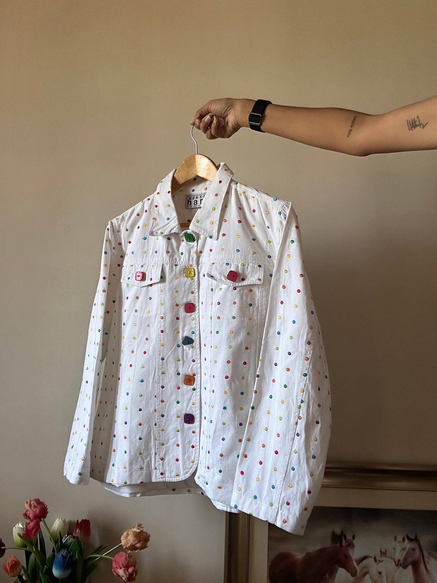 Keren Hart Vintage Denim All Over Colourful Polka Dots Embroidered Shaket