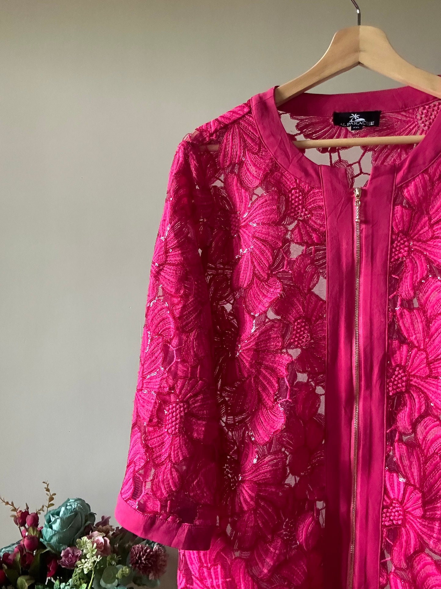 Al Paradise Vintage Zipper All Over Embroidered and Sequenced Sheer Shaket