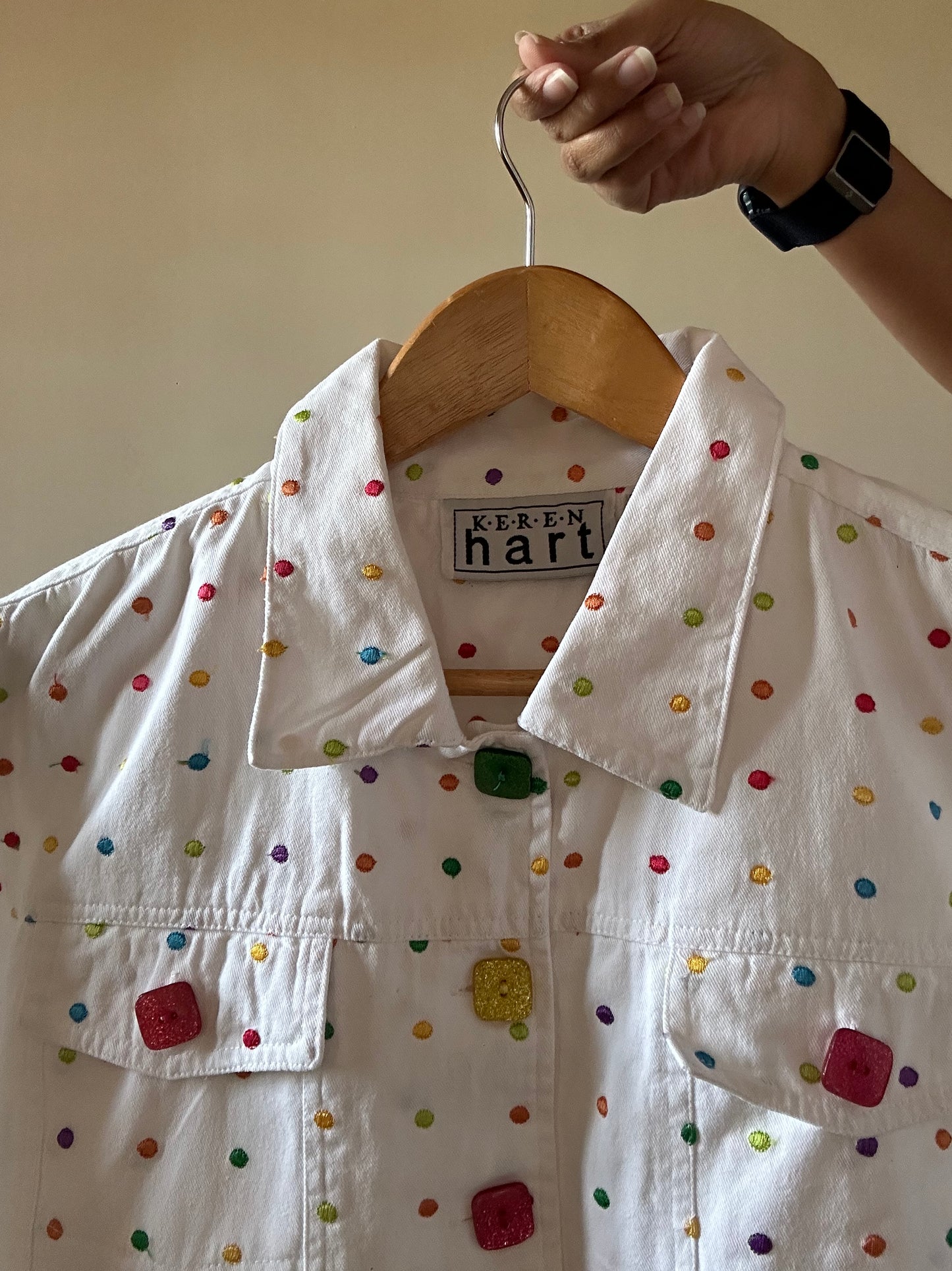 Keren Hart Vintage Denim All Over Colourful Polka Dots Embroidered Shaket
