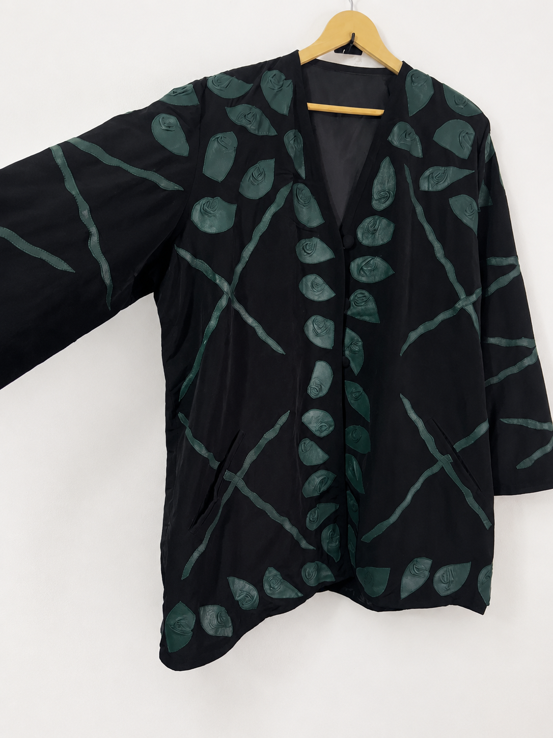 Vintage Black Handcrafted Leaf Appliqué Long Jacket
