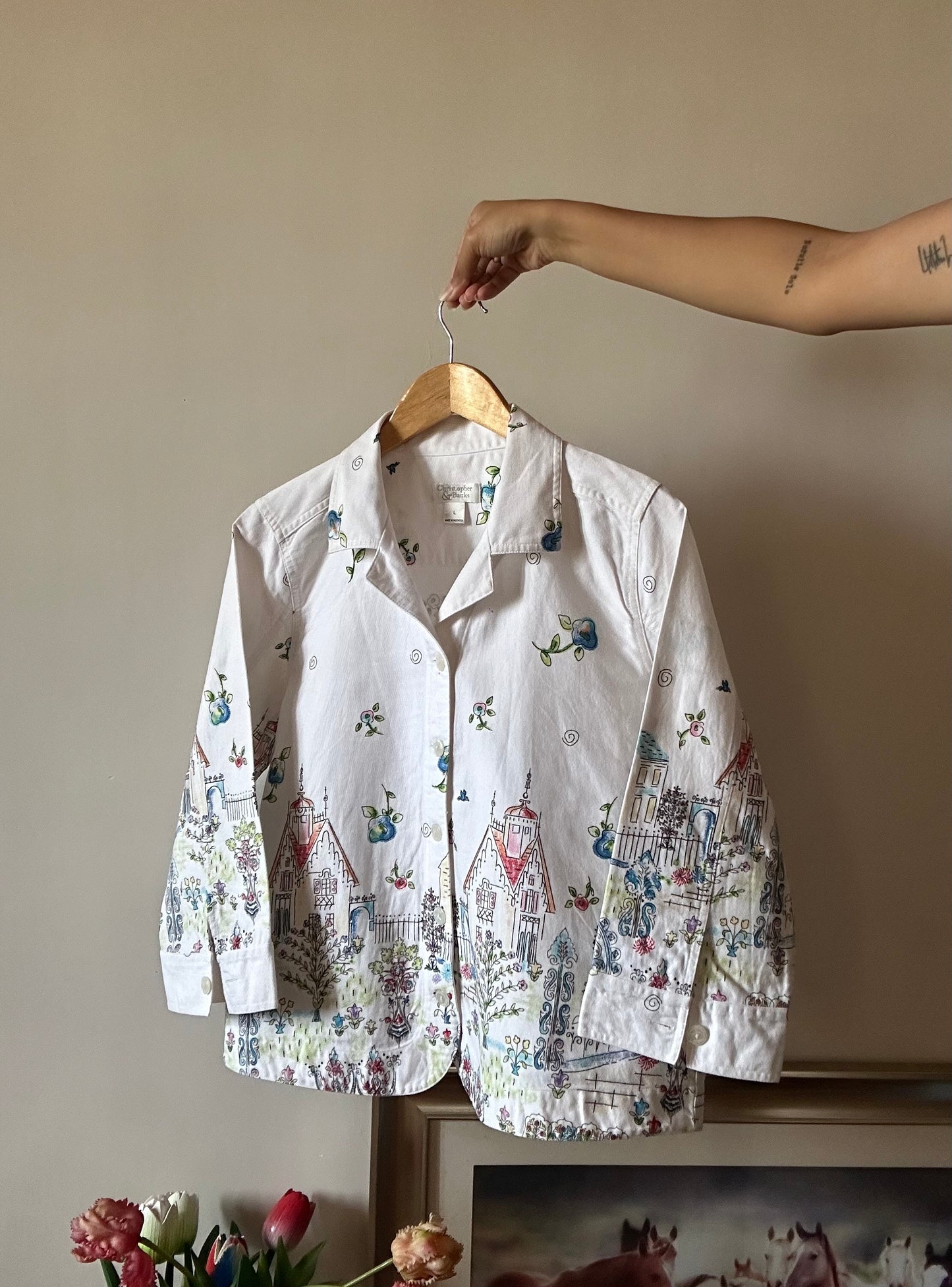 Christopher & Banks Vintage Hand Sketch City Print Denim Shirt