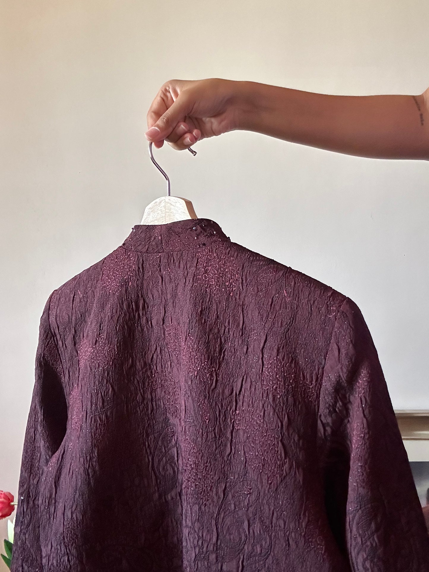 R&M Richards Vintage Cropped Front Open Beaded Textured Jacket