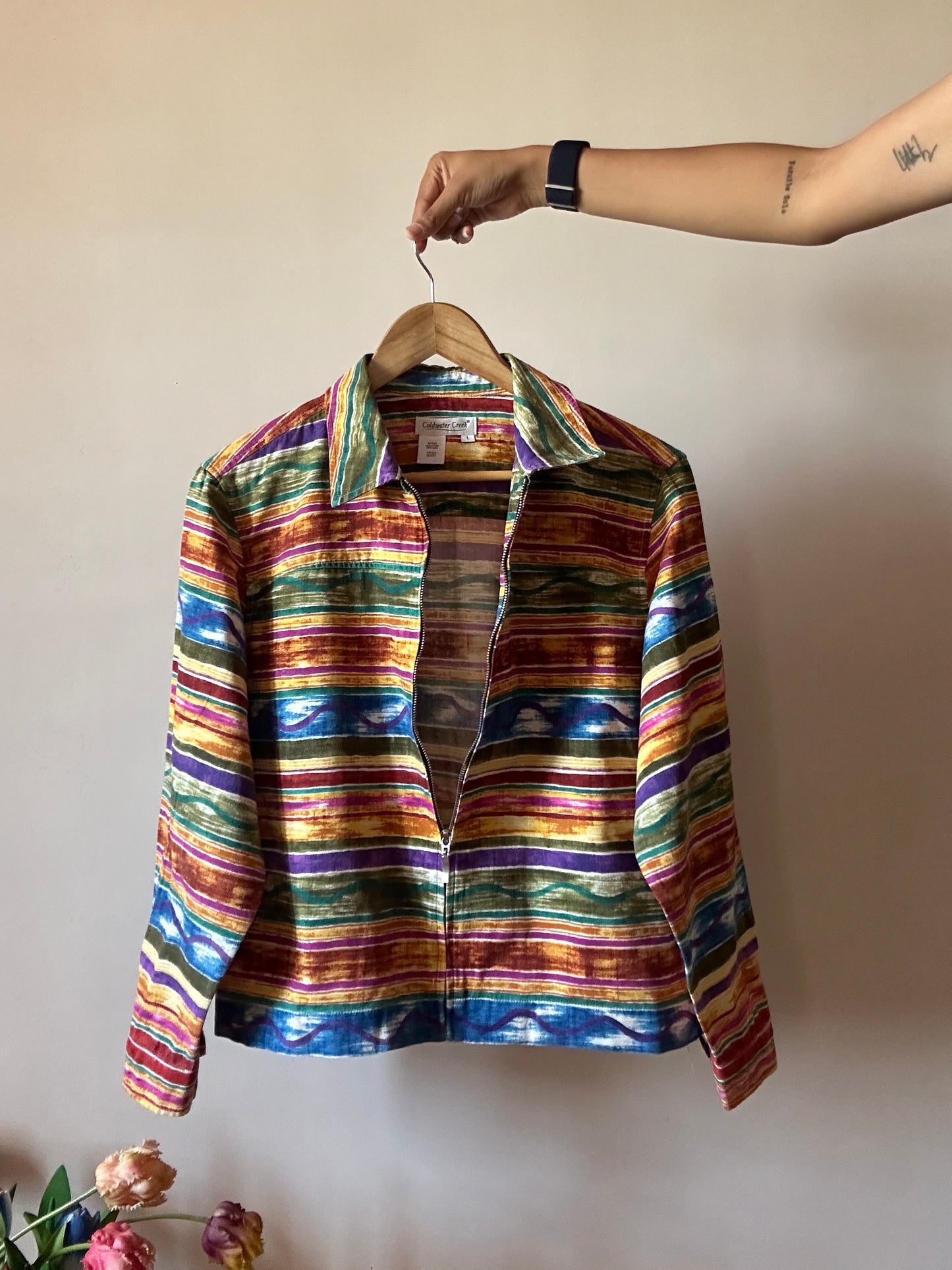 Vintage Coldwater Creek Abstract Rainbow Watercolour Print Shirt With Zip