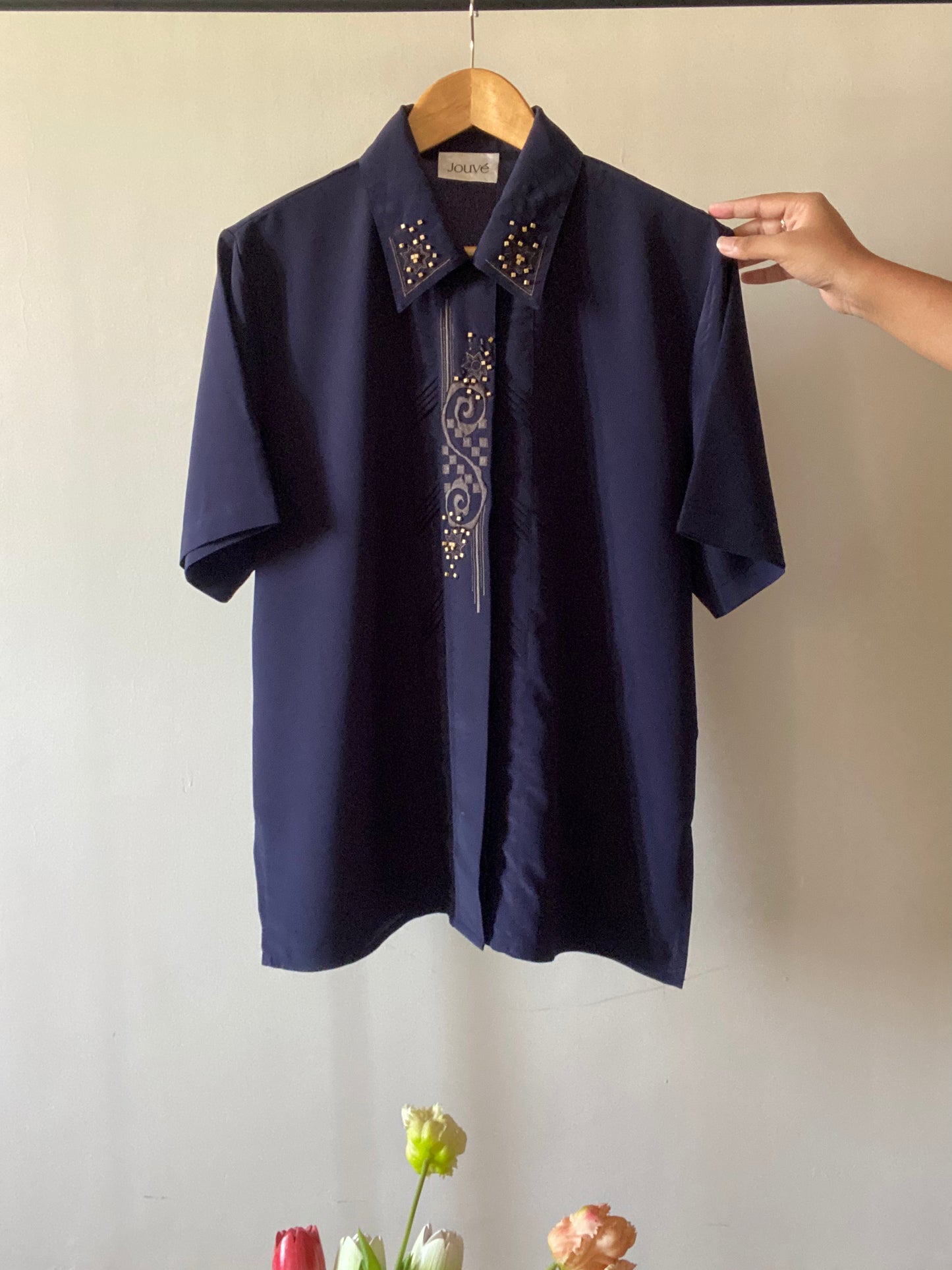 Bead Worked and Embroidered Neckline Detail Vintage Shirt