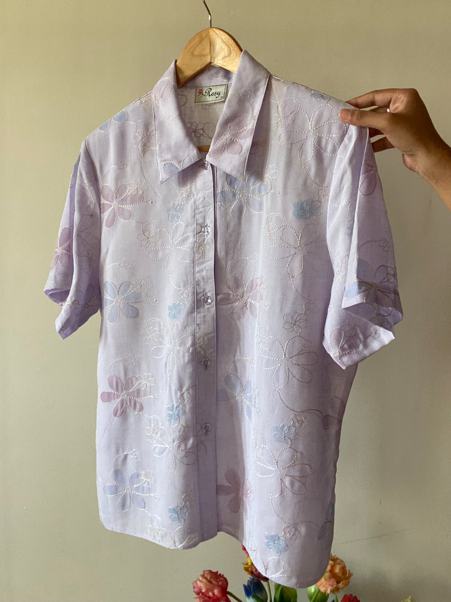 Lavender Floral Print And Embroidered Vintage Shirr