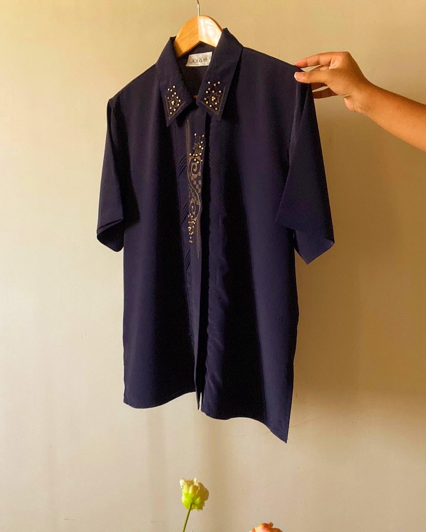 Bead Worked and Embroidered Neckline Detail Vintage Shirt