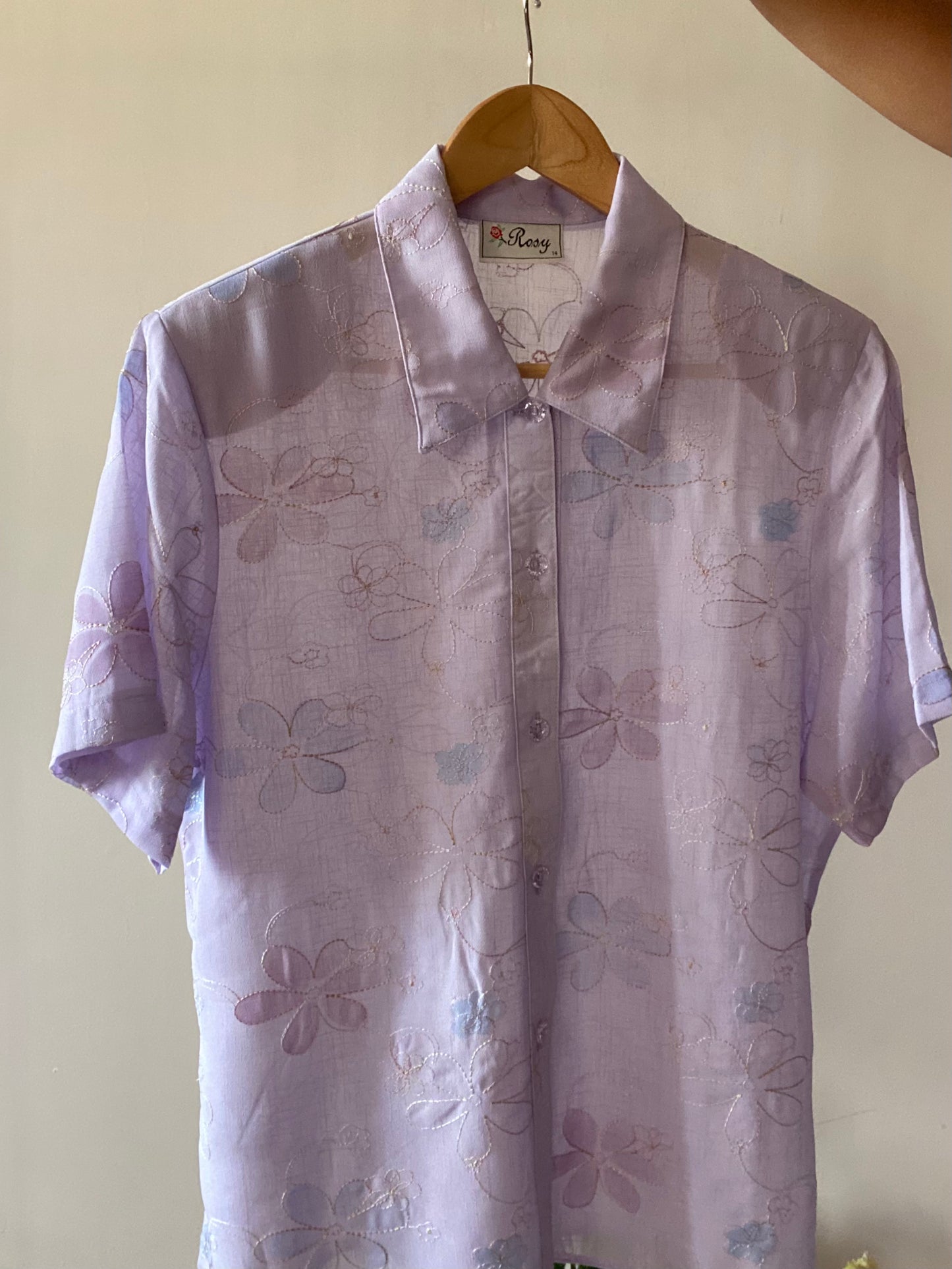 Lavender Floral Print And Embroidered Vintage Shirr
