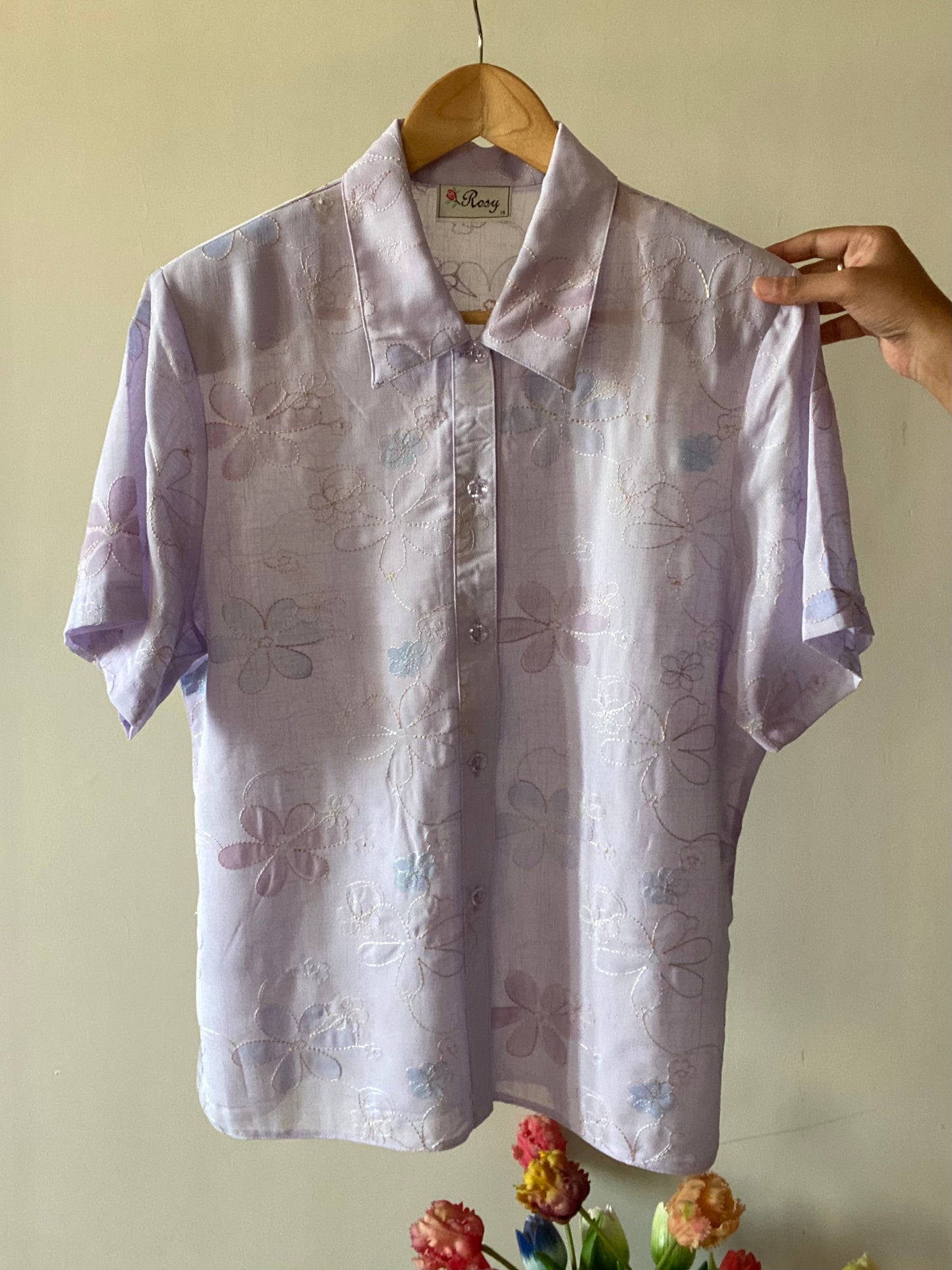 Lavender Floral Print And Embroidered Vintage Shirr