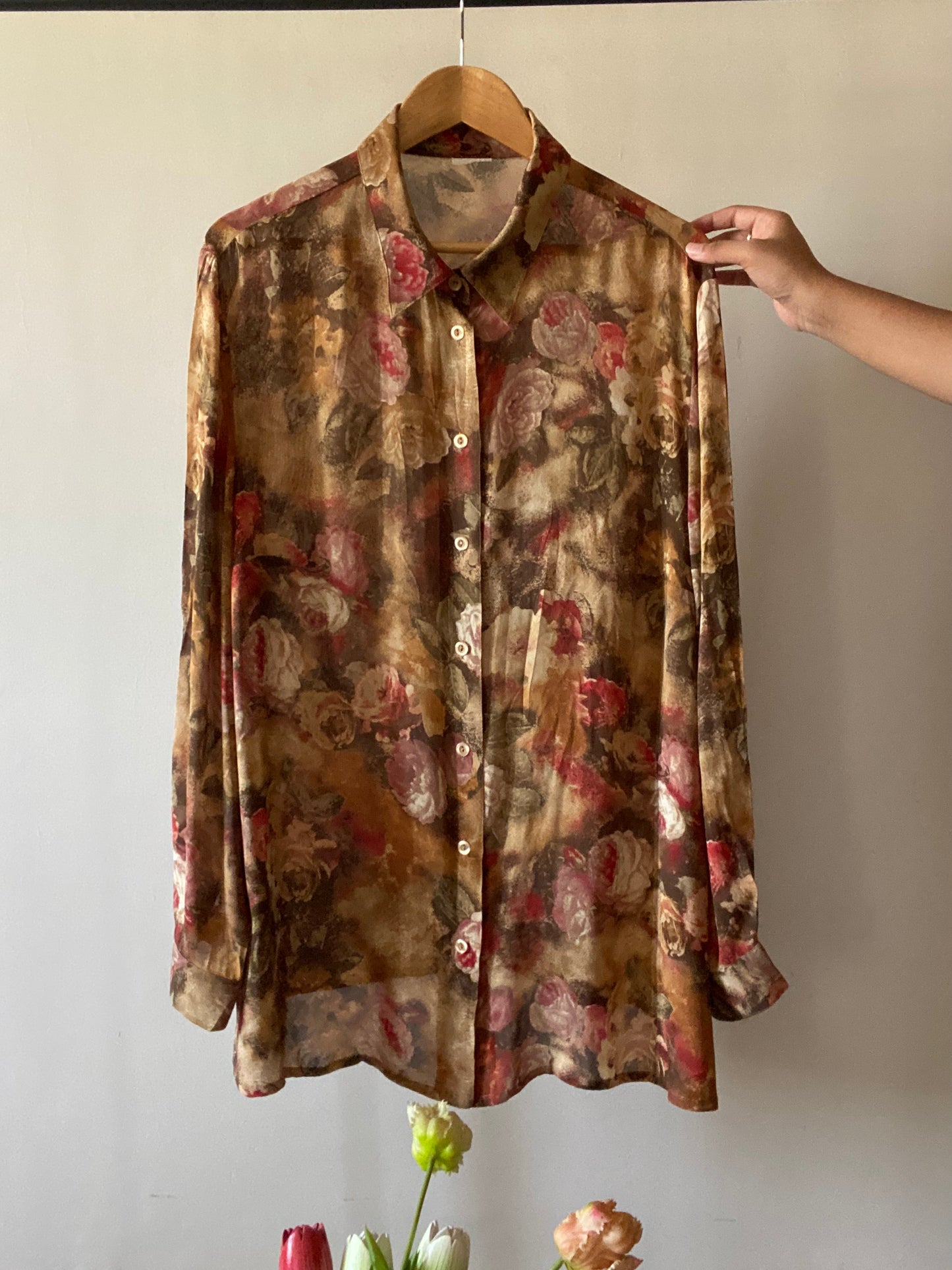 English Rose Print Semi Sheer Vintage Shirt