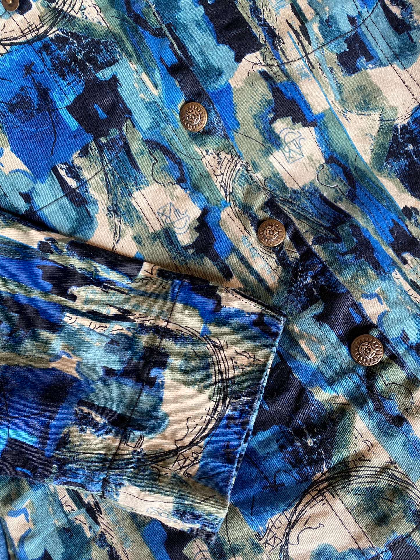 Vintage Abstract Print Cropped Denim Shaket
