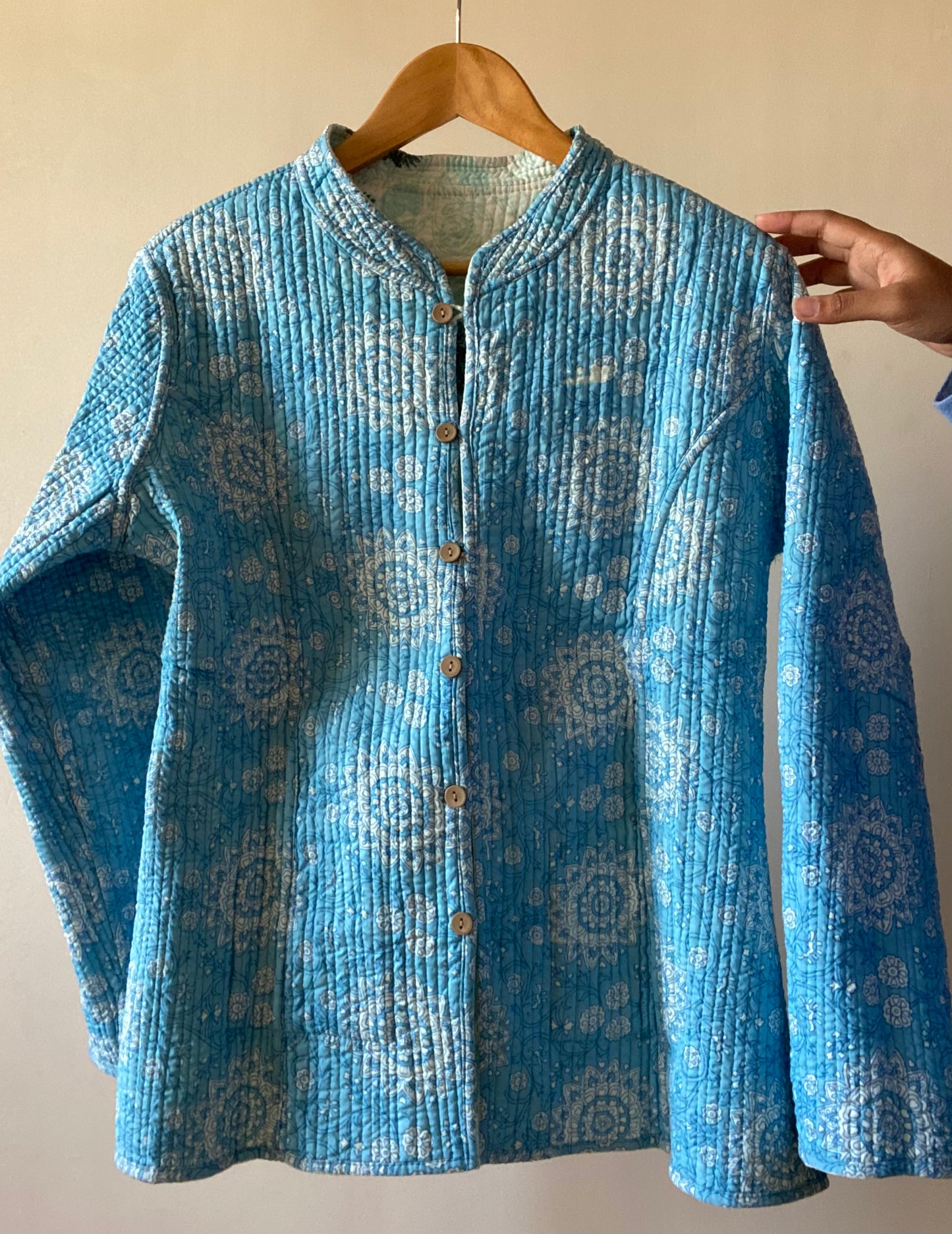 Blue Floral Motif Block Print Quilted Jacket