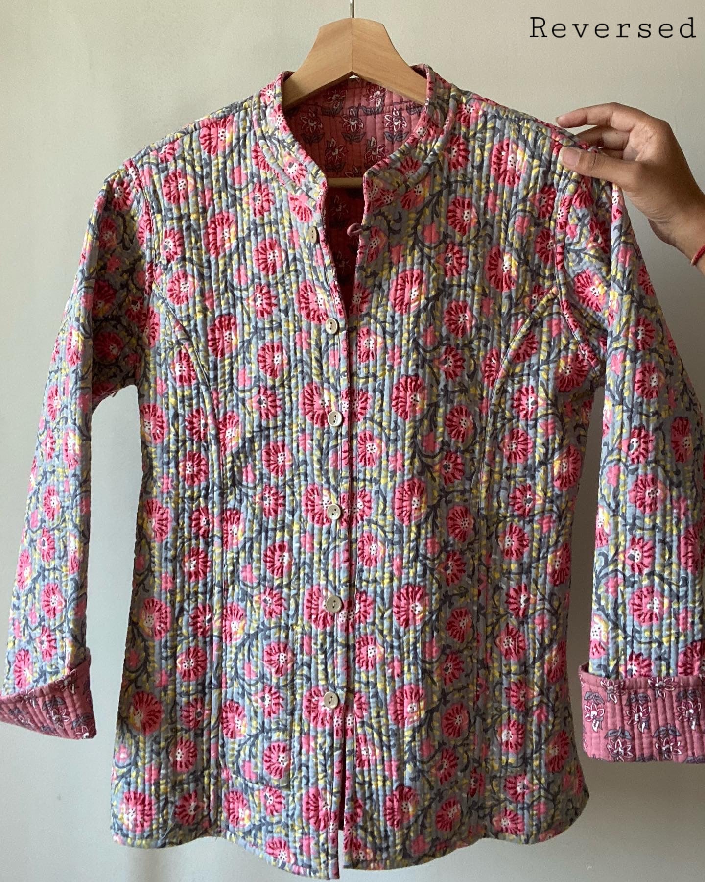 Pink Floral Block Print Quilted Jacket