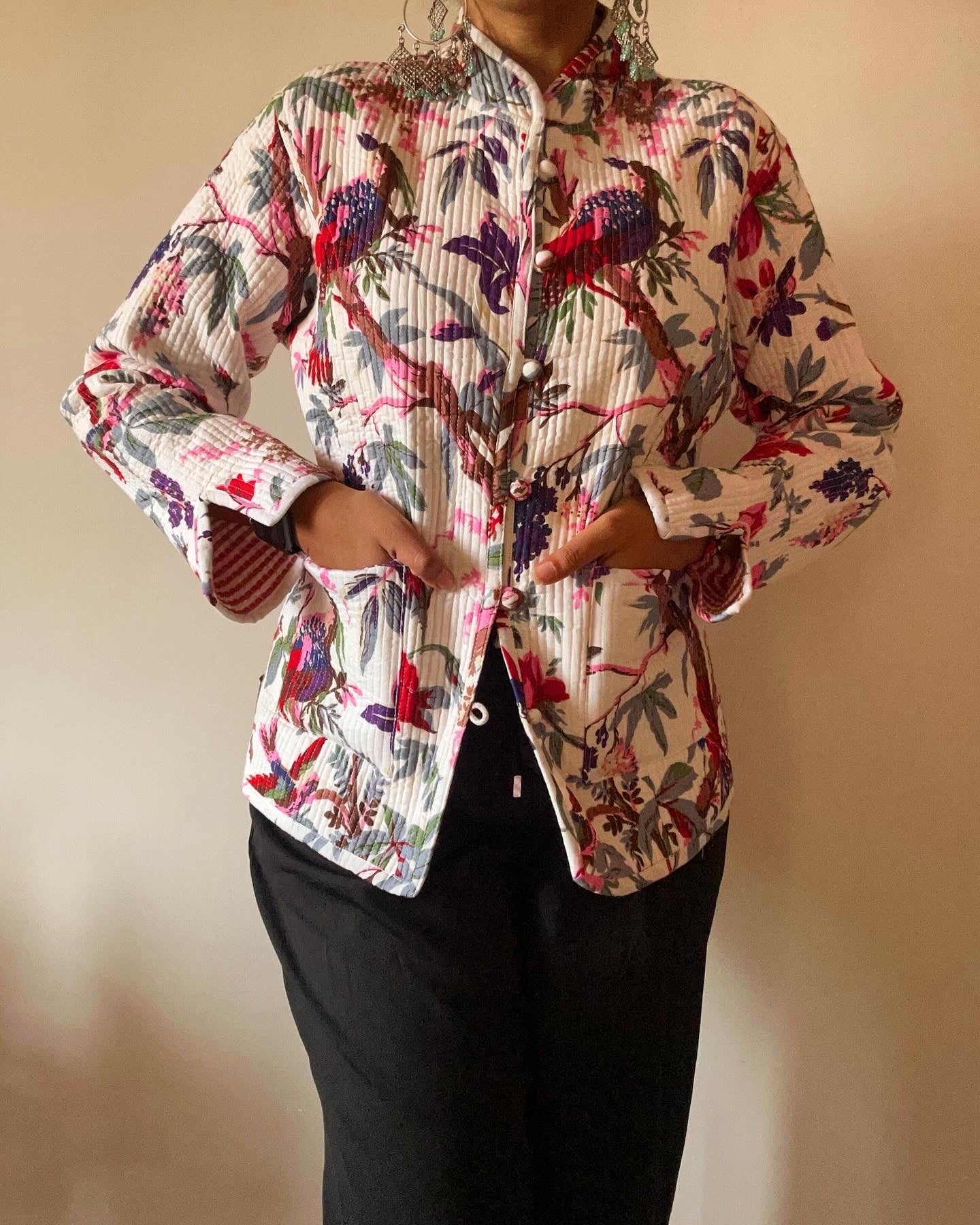 Pink Jungle Inspired Cotton Reversible Quilt Jacket