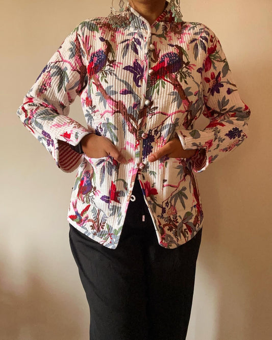 Pink Jungle Inspired Cotton Reversible Quilt Jacket