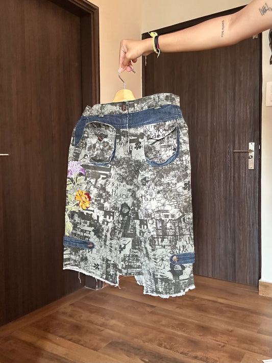 Vintage BN Print Denim Skirt With Six Pockets