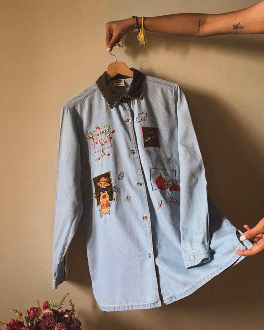 Austin Vintage Denim Shirt With Embroidery and Corduroy Collar