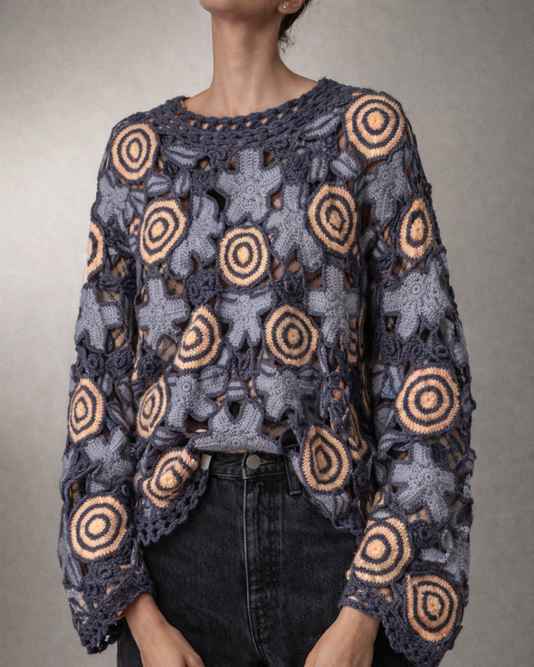 Vintage Woollen Crochet Patch Work Pullover