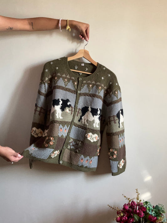 Vintage Cow And Floral Knit Cardigan