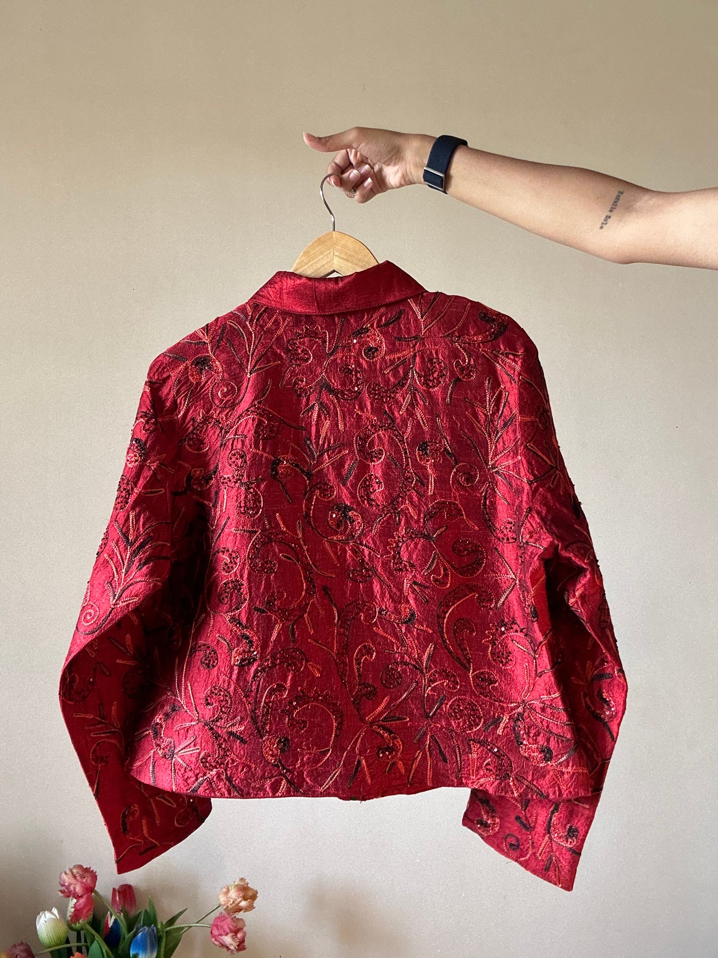 Anage Vintage Silk All Over Thread And Bead Embroidery Shaket With Front Zipper Opening