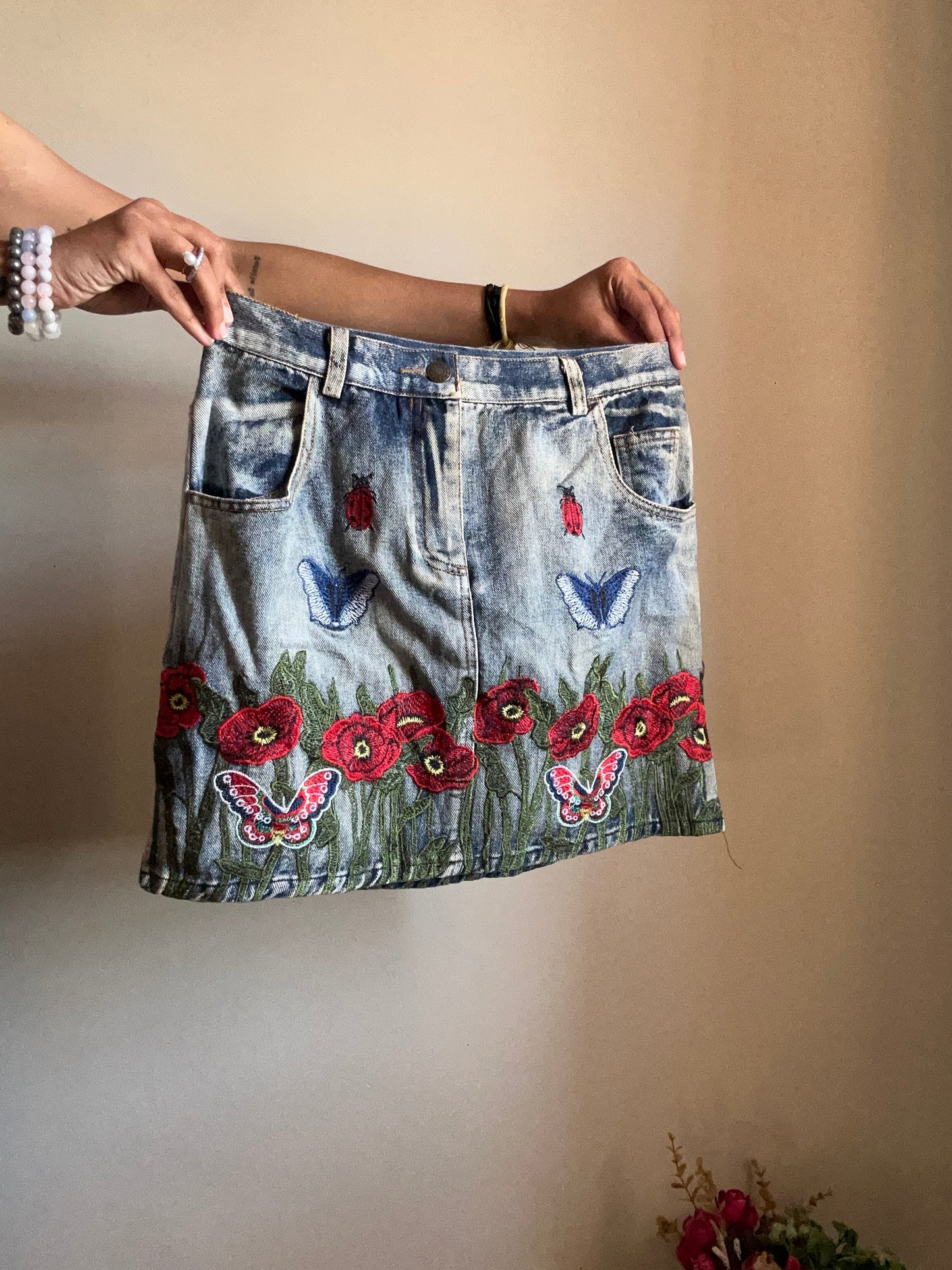 All Embroidered Denim Skirt