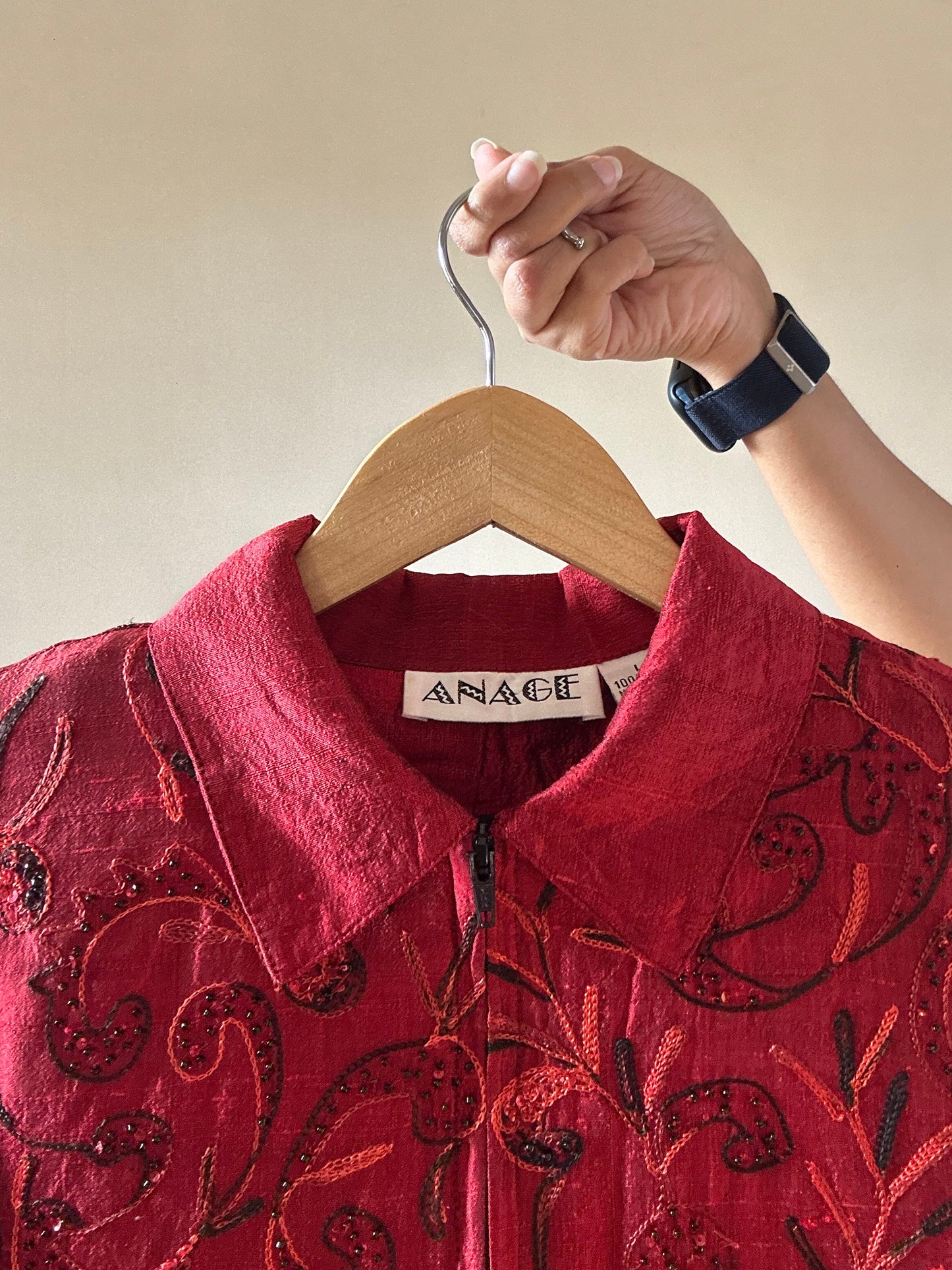 Anage Vintage Silk All Over Thread And Bead Embroidery Shaket With Front Zipper Opening
