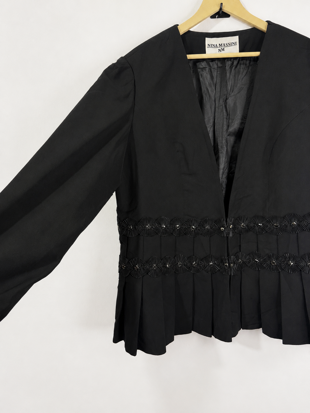 Nina Massini Vintage Black Embellished Pleated Blazer