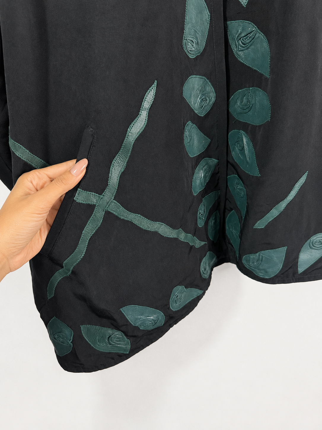 Vintage Black Handcrafted Leaf Appliqué Long Jacket