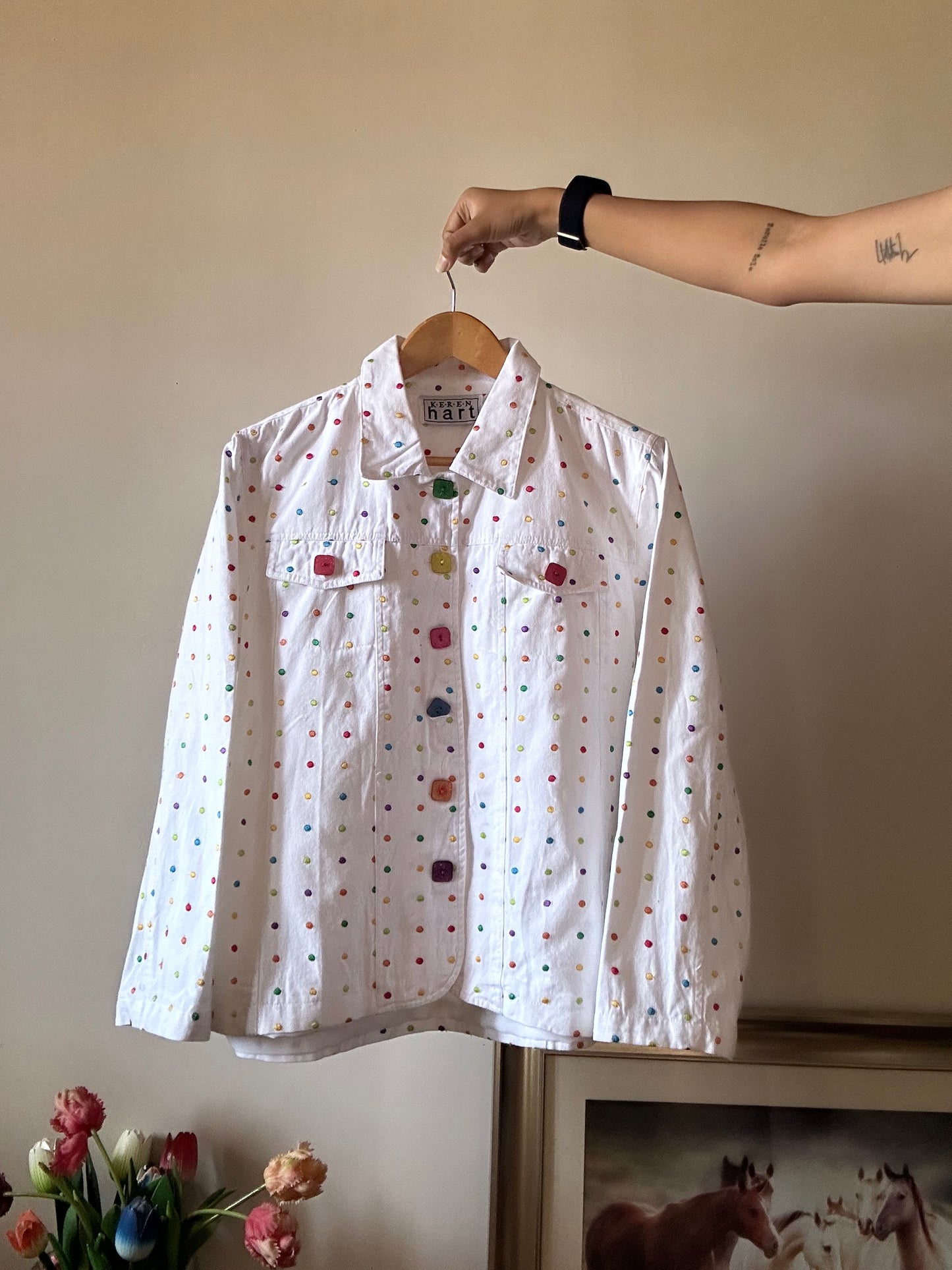 Keren Hart Vintage Denim All Over Colourful Polka Dots Embroidered Shaket