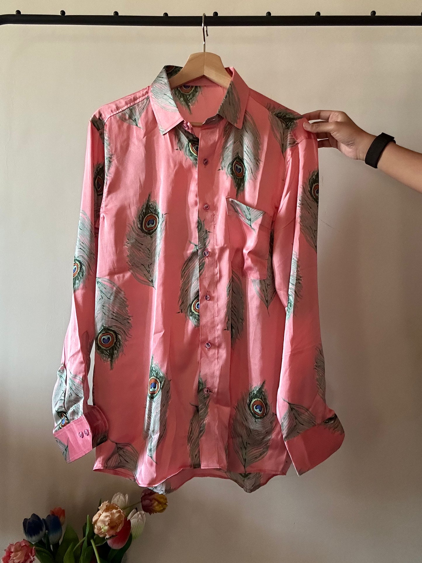 Peacock Feather Print Satin Shirt