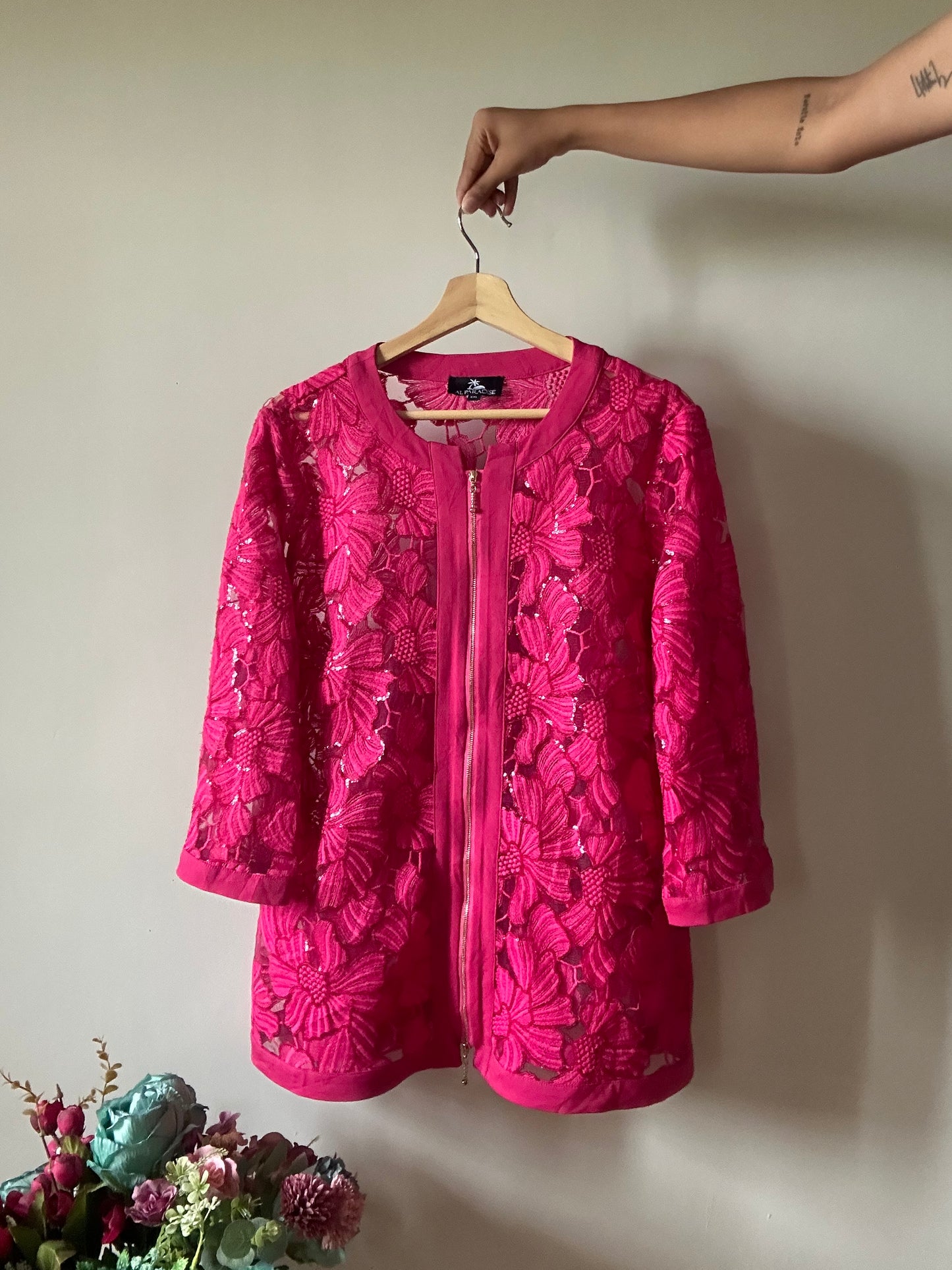 Al Paradise Vintage Zipper All Over Embroidered and Sequenced Sheer Shaket