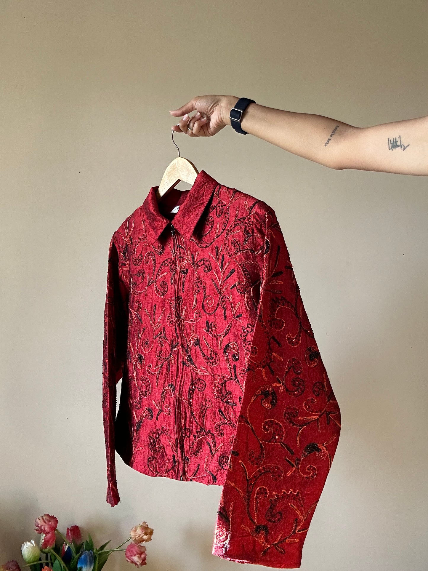 Anage Vintage Silk All Over Thread And Bead Embroidery Shaket With Front Zipper Opening