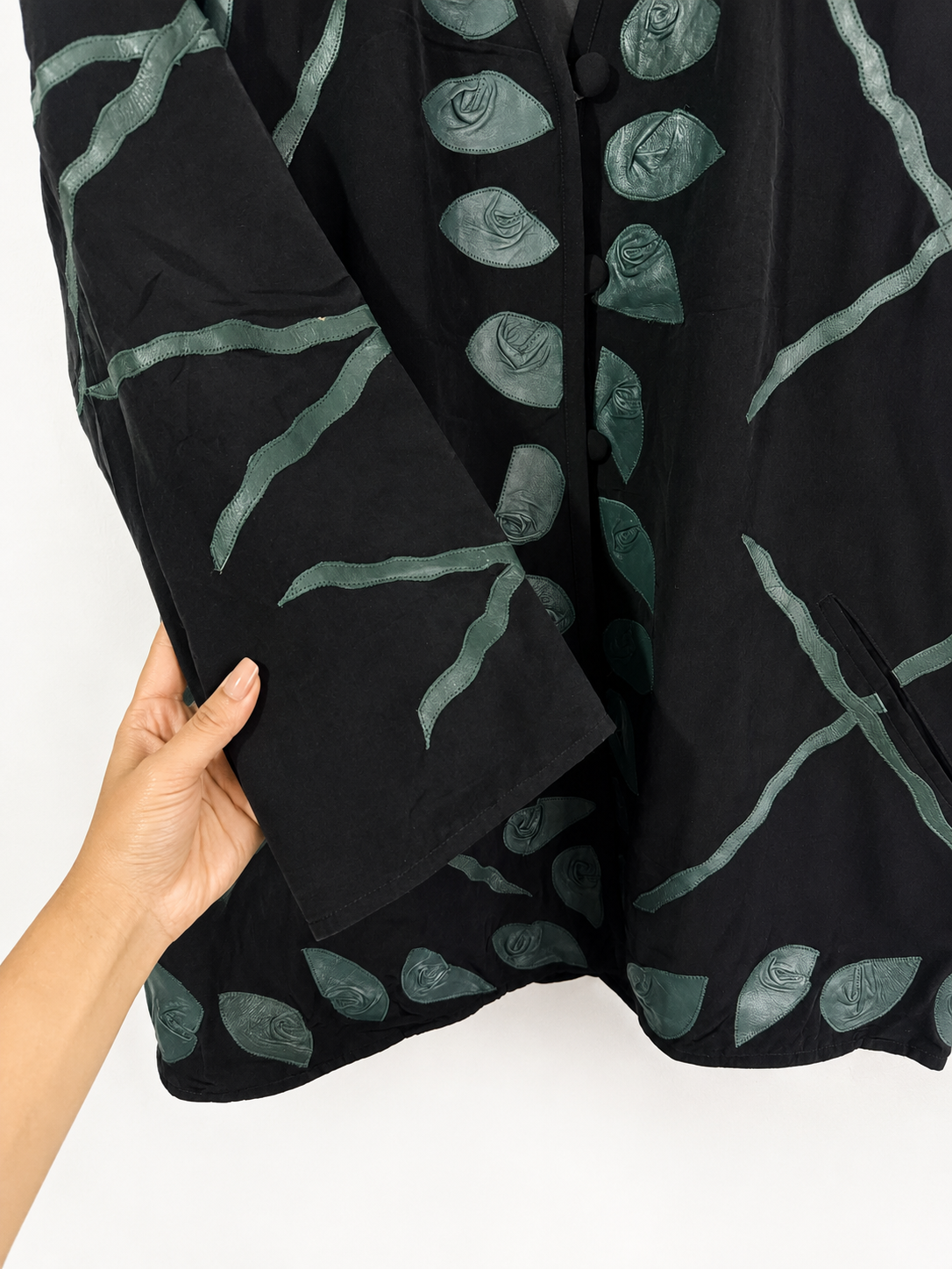 Vintage Black Handcrafted Leaf Appliqué Long Jacket