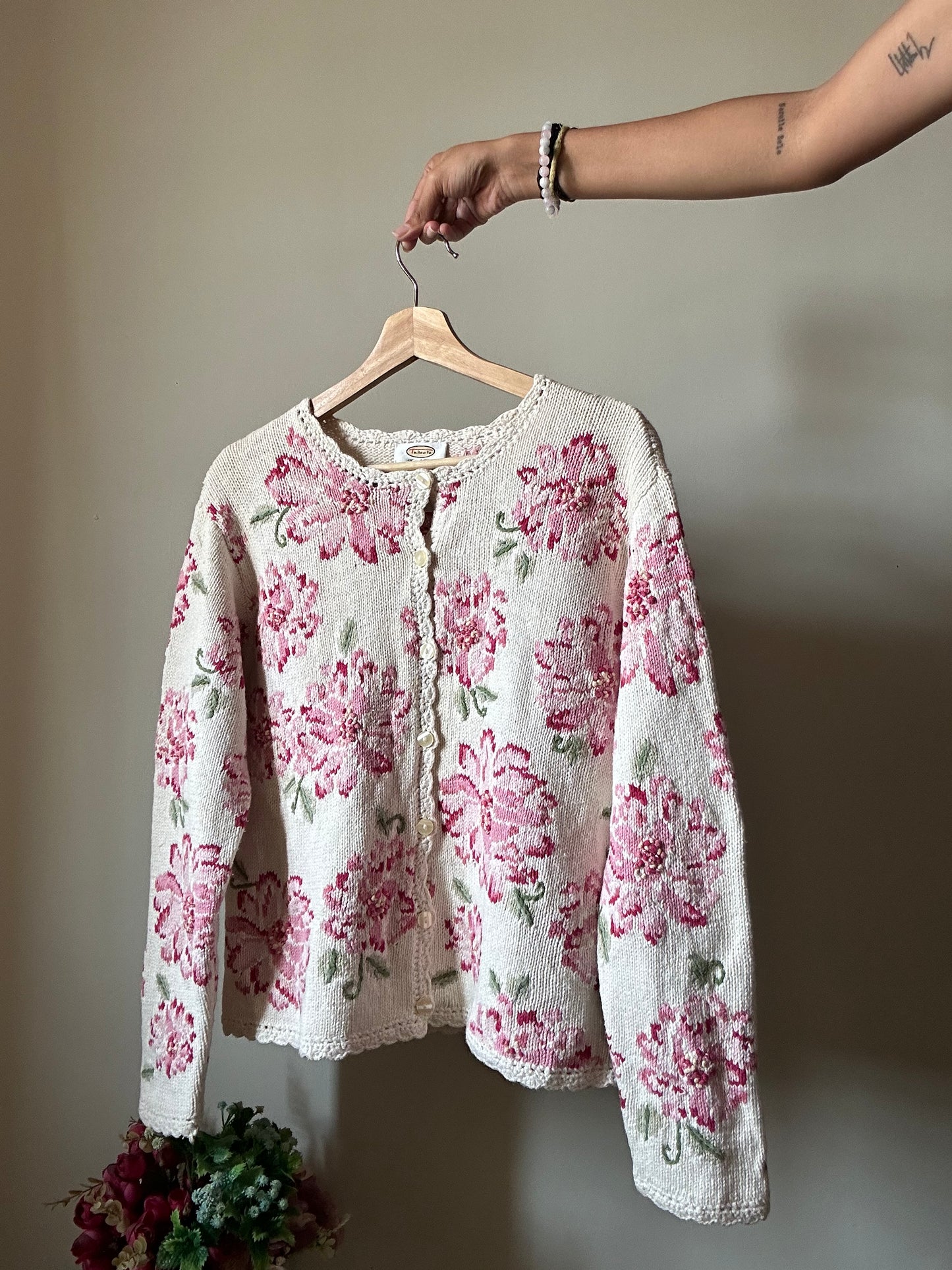 Vintage Talbots Hand Knit Floral Cardigan