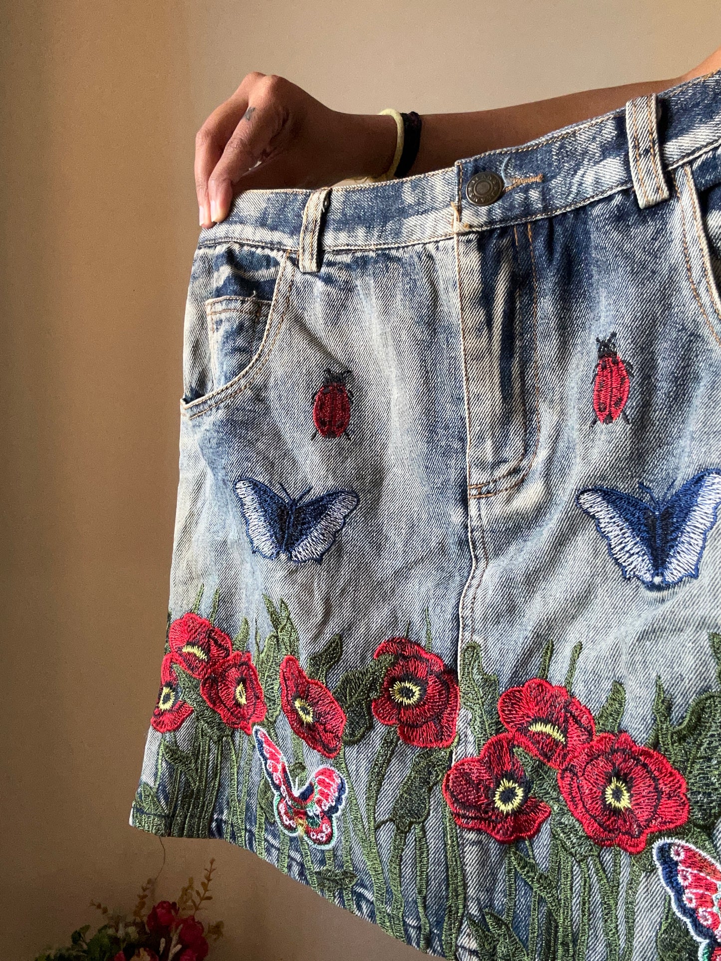 All Embroidered Denim Skirt